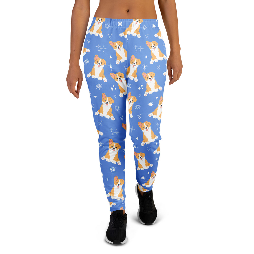Women’s blue corgi dog recycled jogger pants with pockets featuring playful cartoon corgi and sparkles pattern