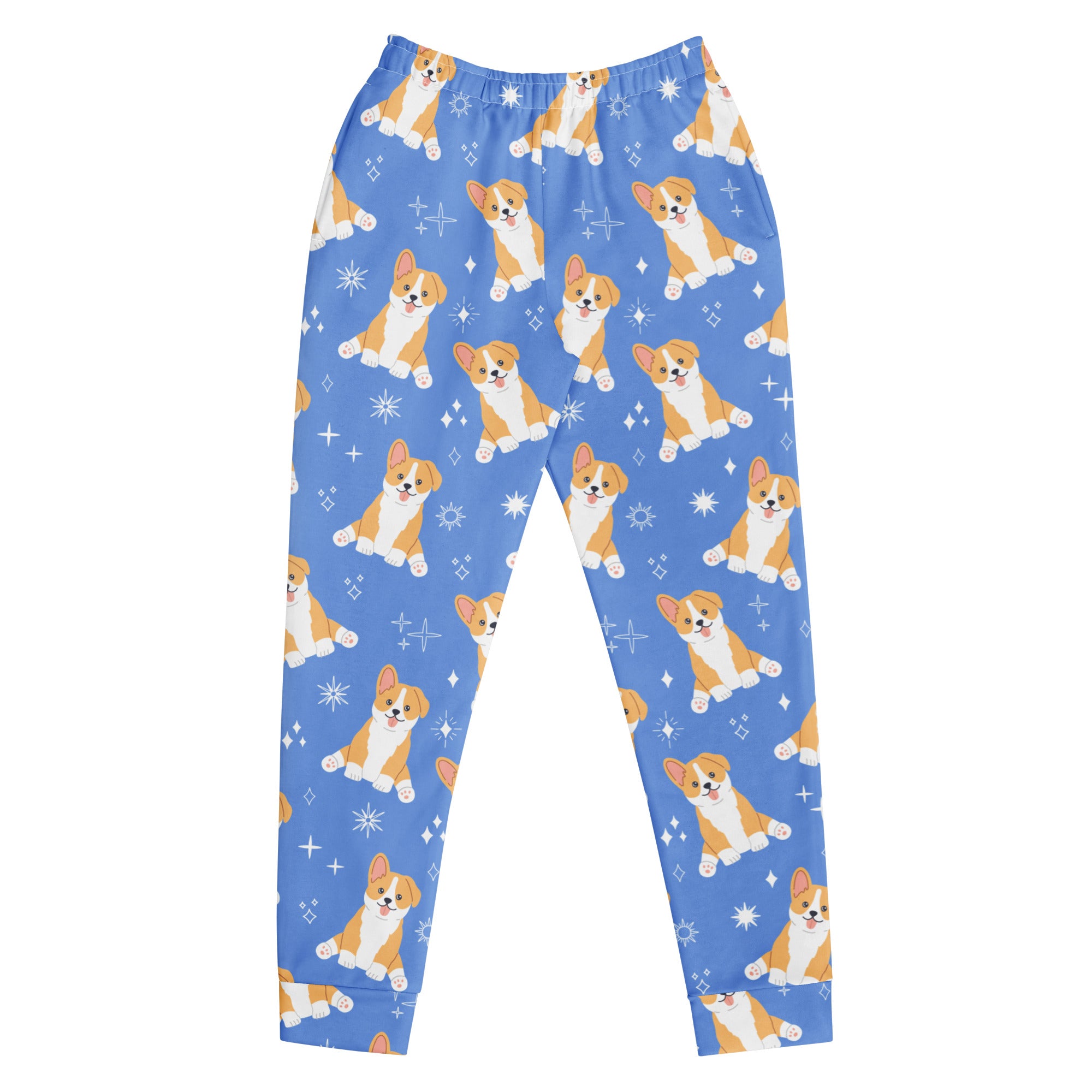 Women’s blue recycled jogger pants with cozy brushed fleece inside featuring tan and white corgi dog pattern and pockets