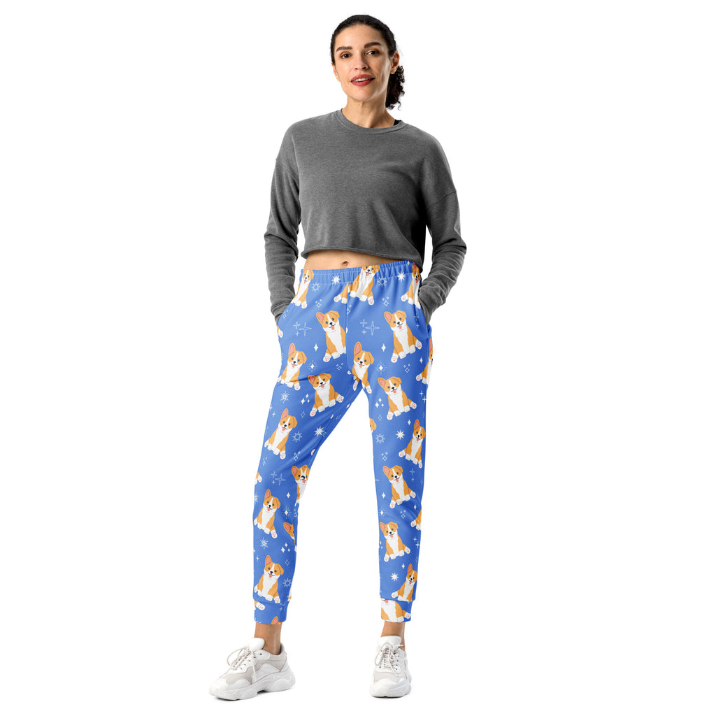 Women’s blue recycled jogger pants with tan and white corgi dog pattern cozy brushed fleece inside and pockets
