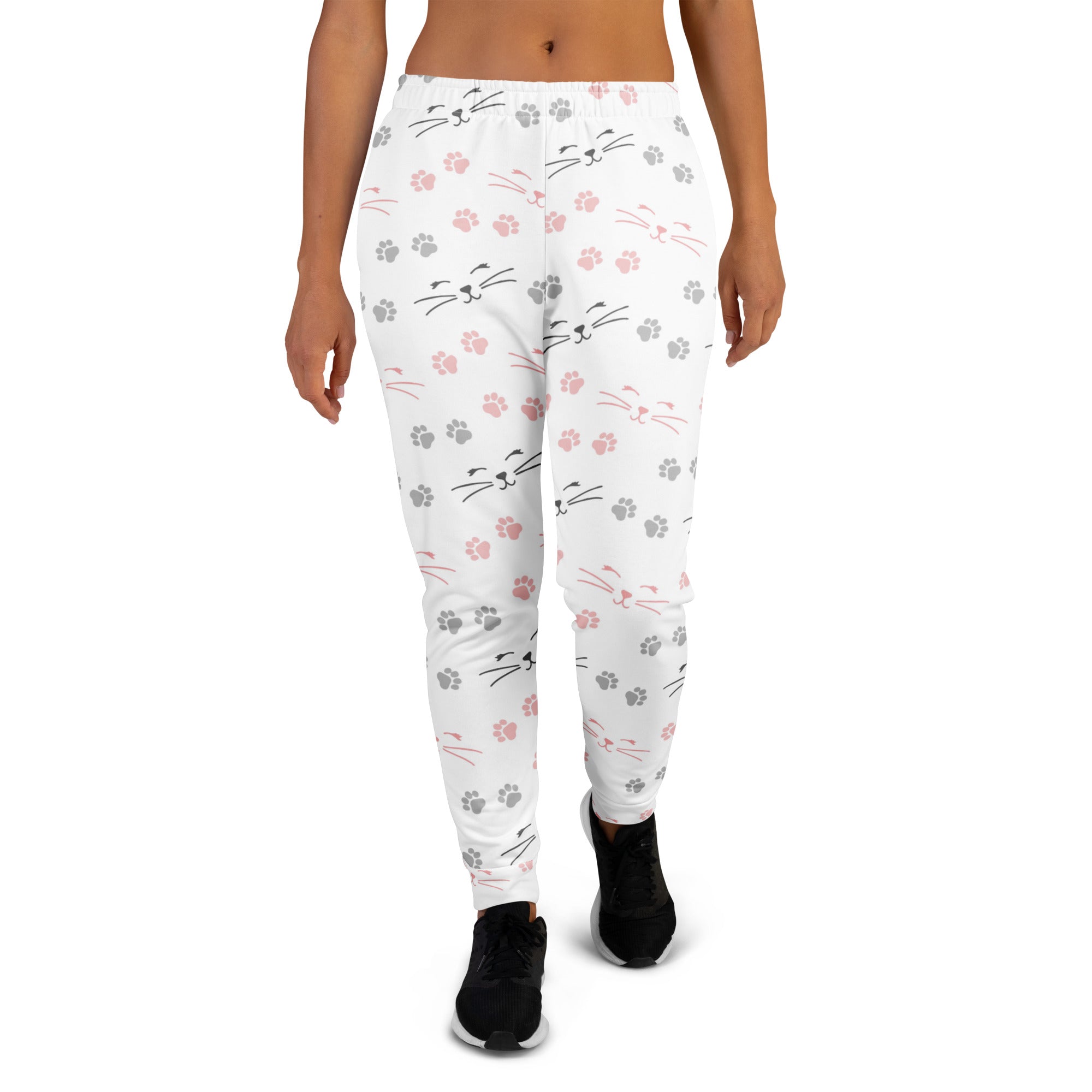 White women’s jogger pants with recycled fabric featuring pink and gray cat faces paw prints cozy fleece lining