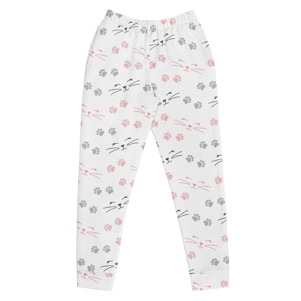 White leggings with pink and gray cat faces and paw prints made of cozy brushed inside fleece with pockets