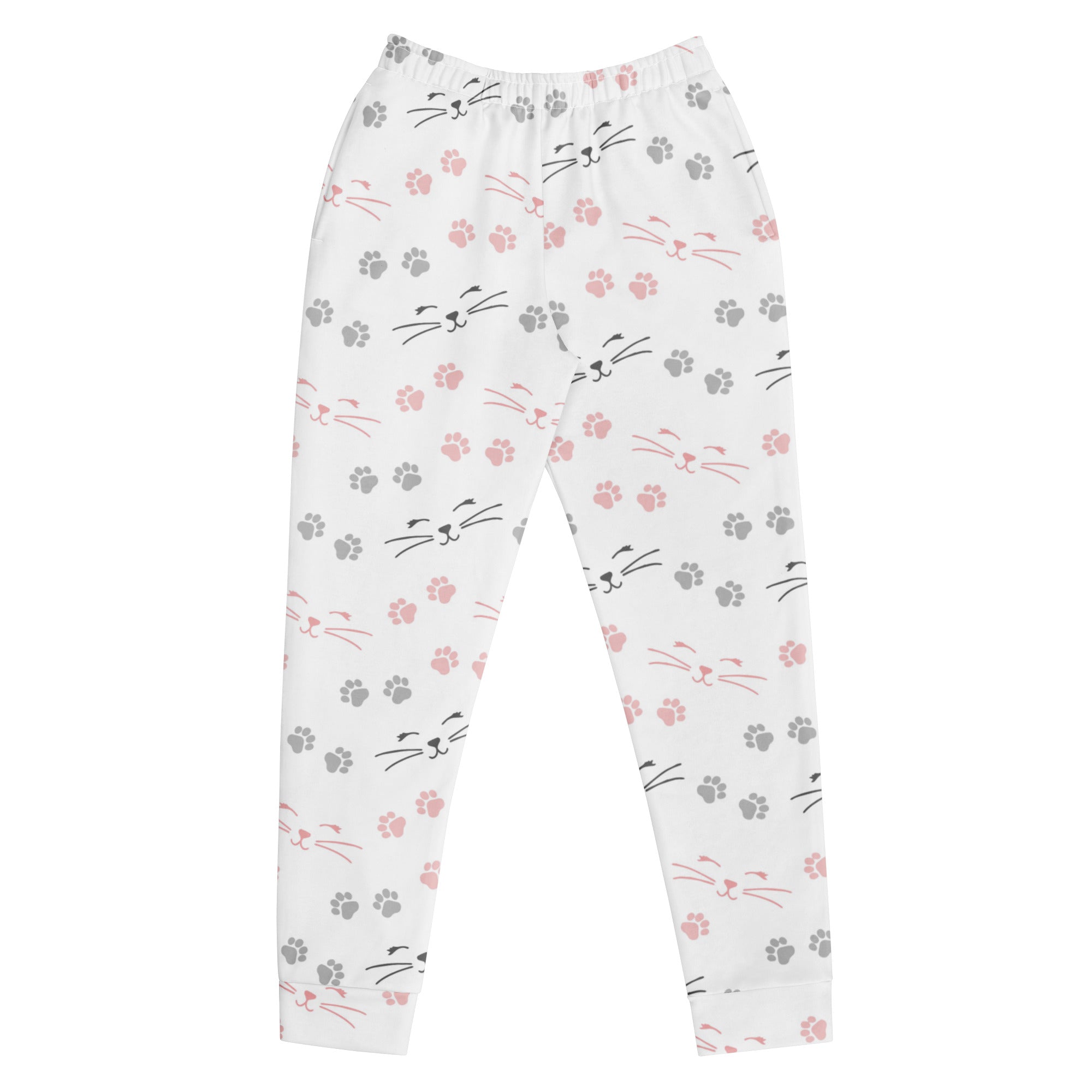 White leggings with pink and gray cat faces and paw prints made of cozy brushed inside fleece with pockets