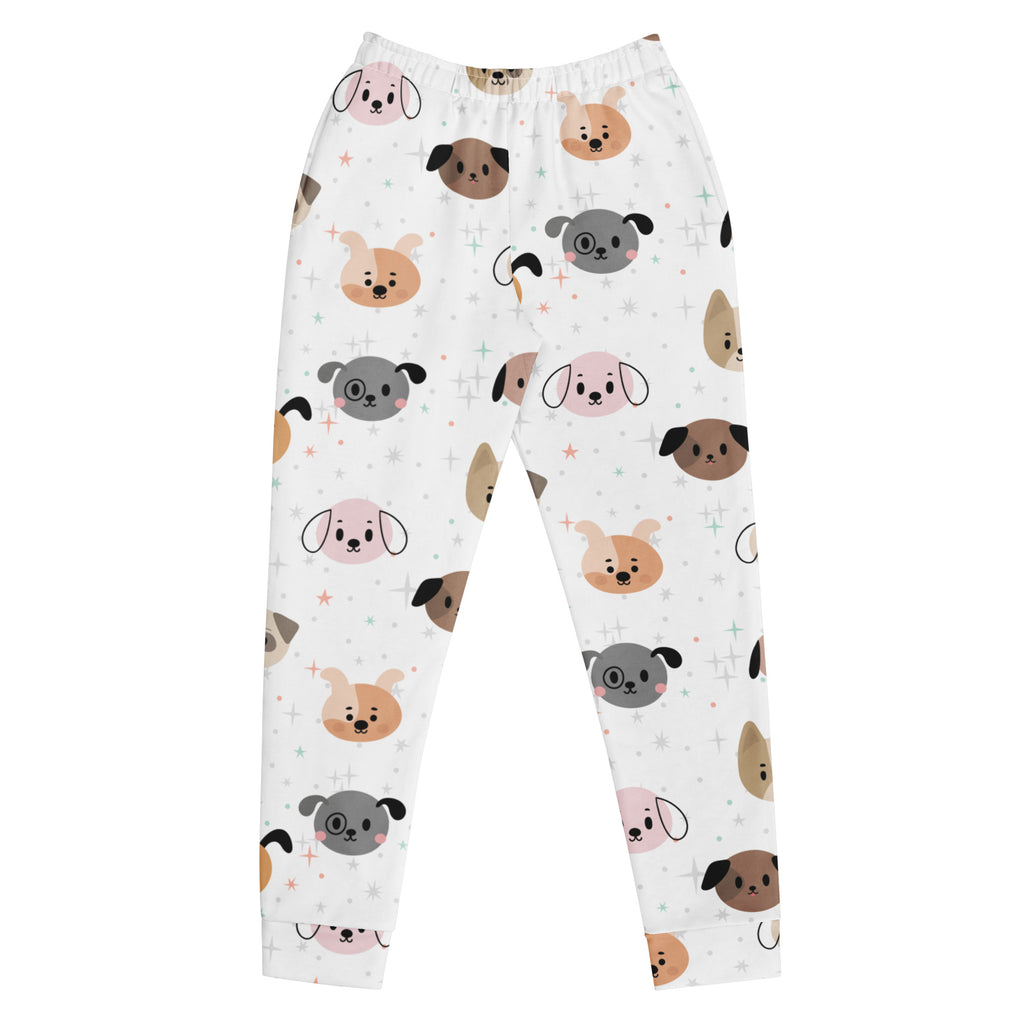 White women’s recycled jogger pants with cozy brushed fleece inside featuring colorful cartoon dog face pattern