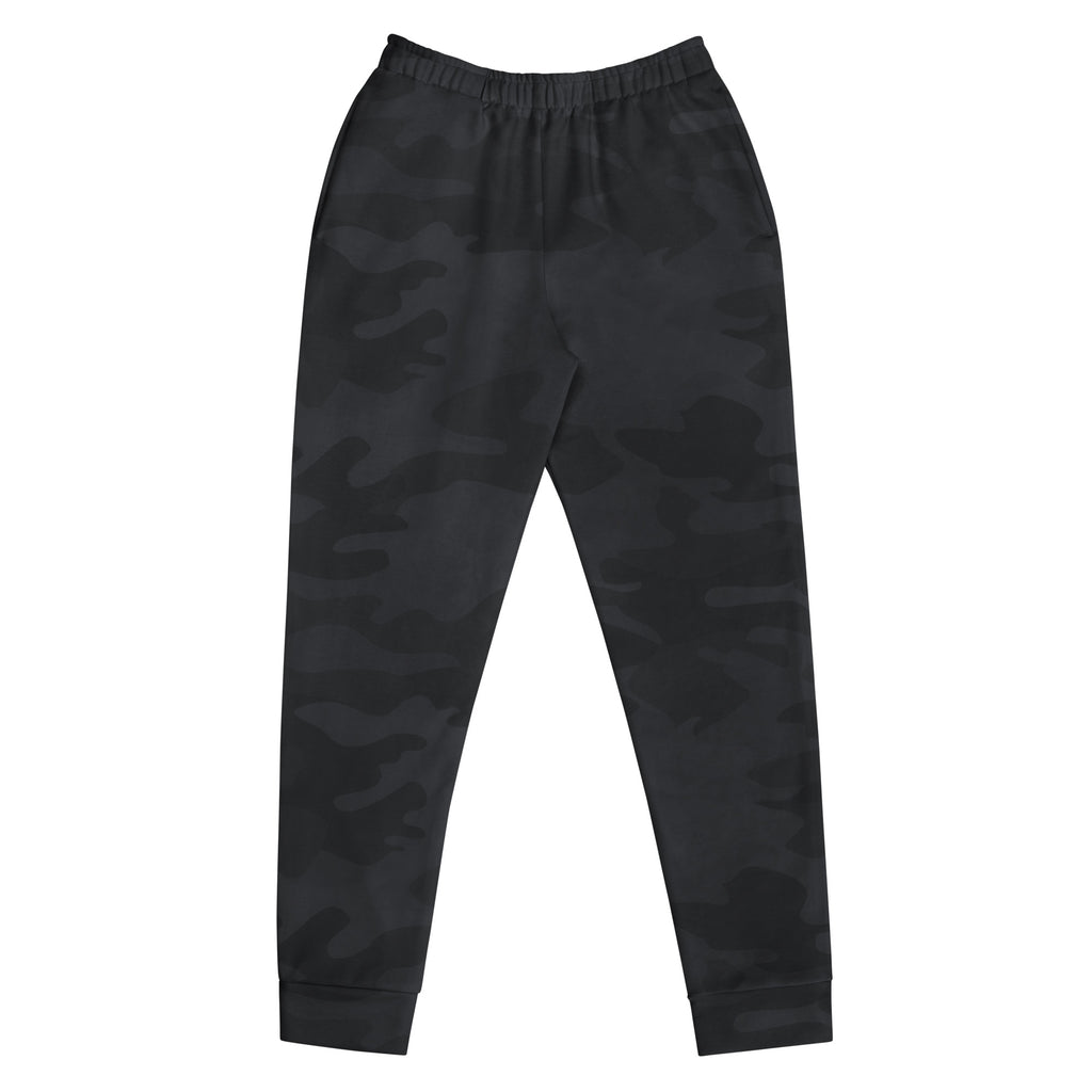 Women’s black camouflage recycled jogger pants with elastic waistband ribbed cuffs cozy brushed fleece lining