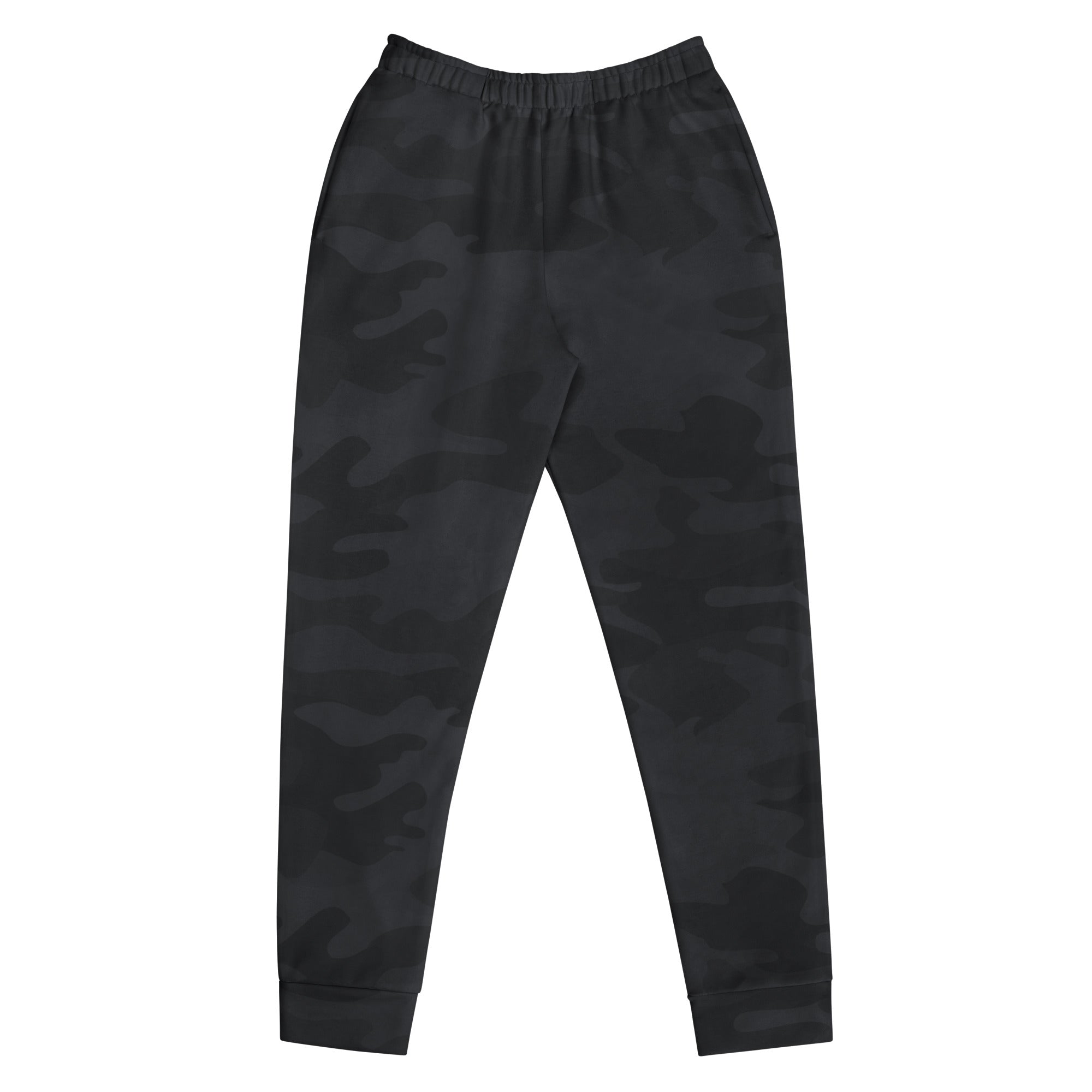 Women’s black camouflage recycled jogger pants with elastic waistband ribbed cuffs cozy brushed fleece lining