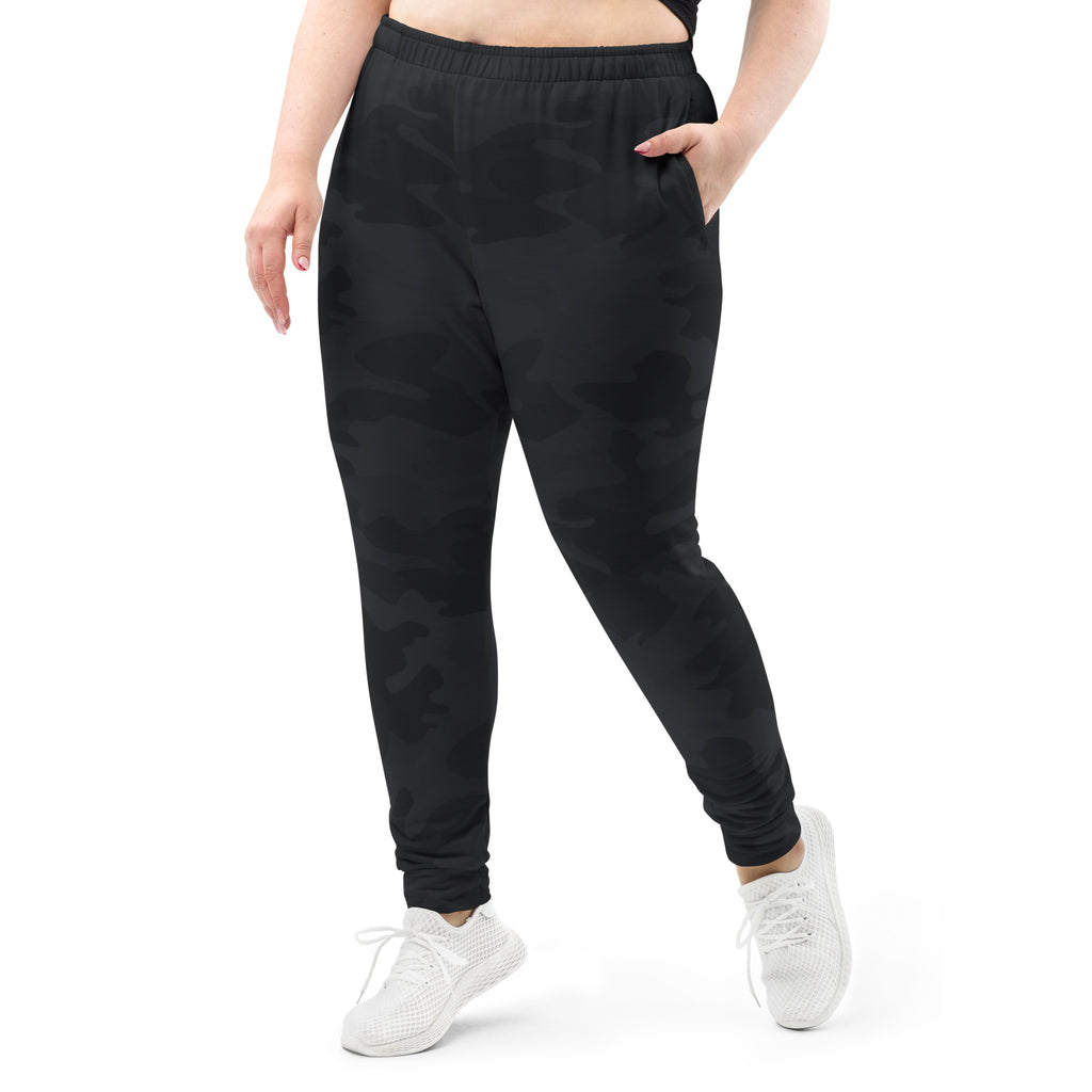 Women’s black camouflage jogger pants with elastic waistband cuffed ankles recycled fabric and cozy fleece lining