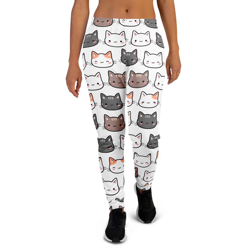 Women’s white recycled jogger pants with colorful cartoon cat faces cozy brushed fleece and pockets