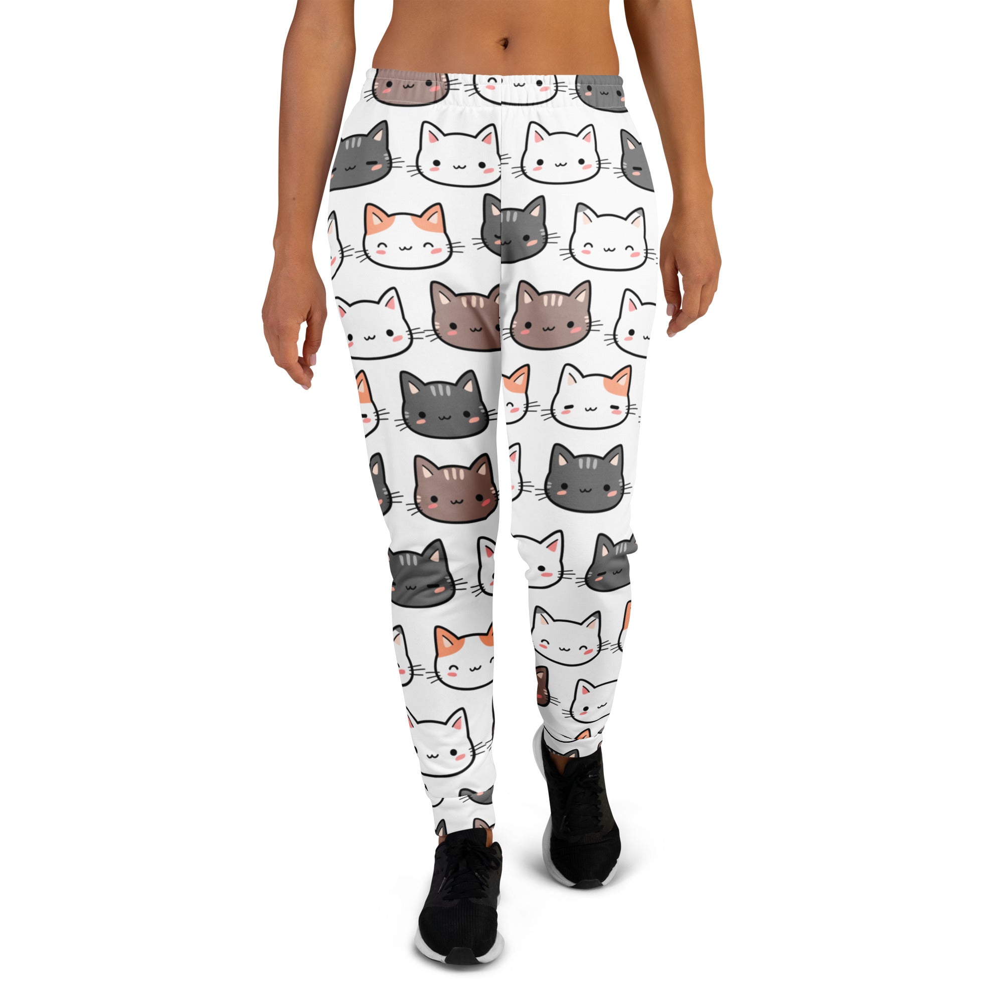 Women’s white recycled jogger pants with colorful cartoon cat faces cozy brushed fleece and pockets