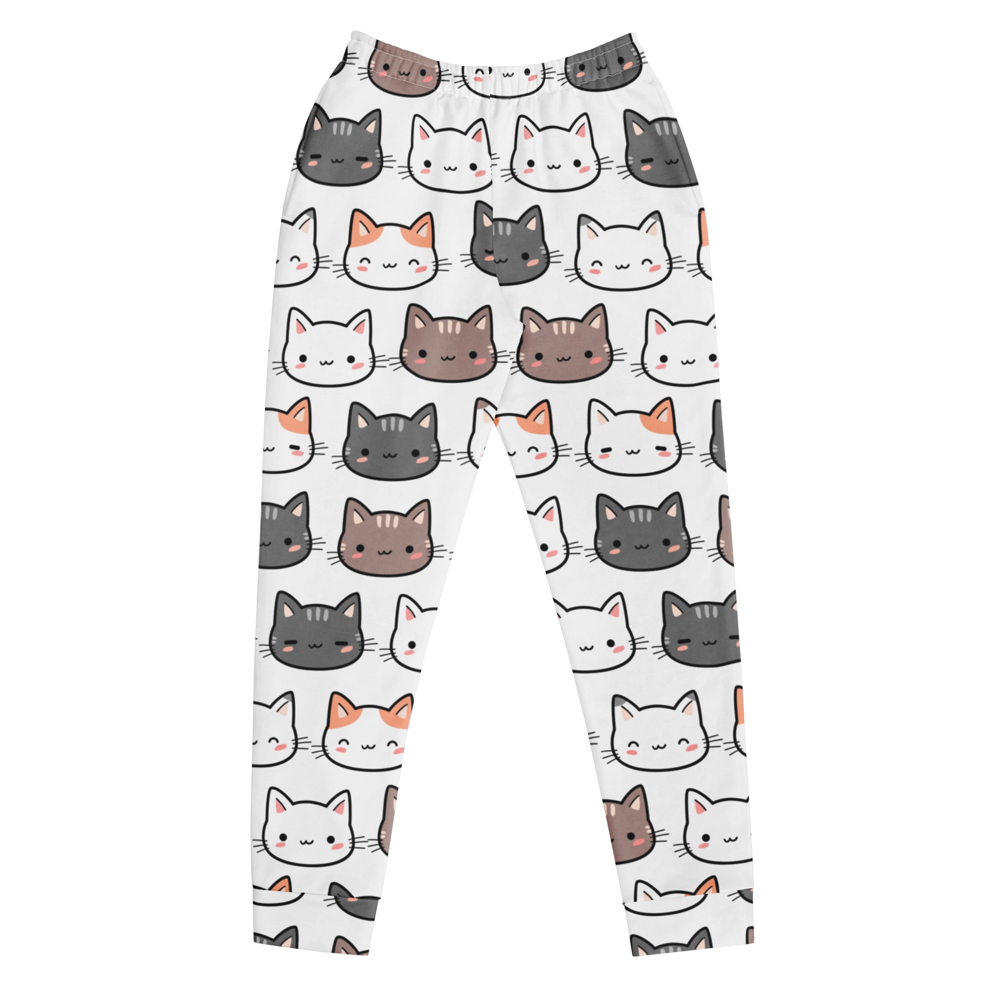 Women’s white cat recycled jogger pants with pockets featuring colorful cartoon cats and cozy brushed fleece inside