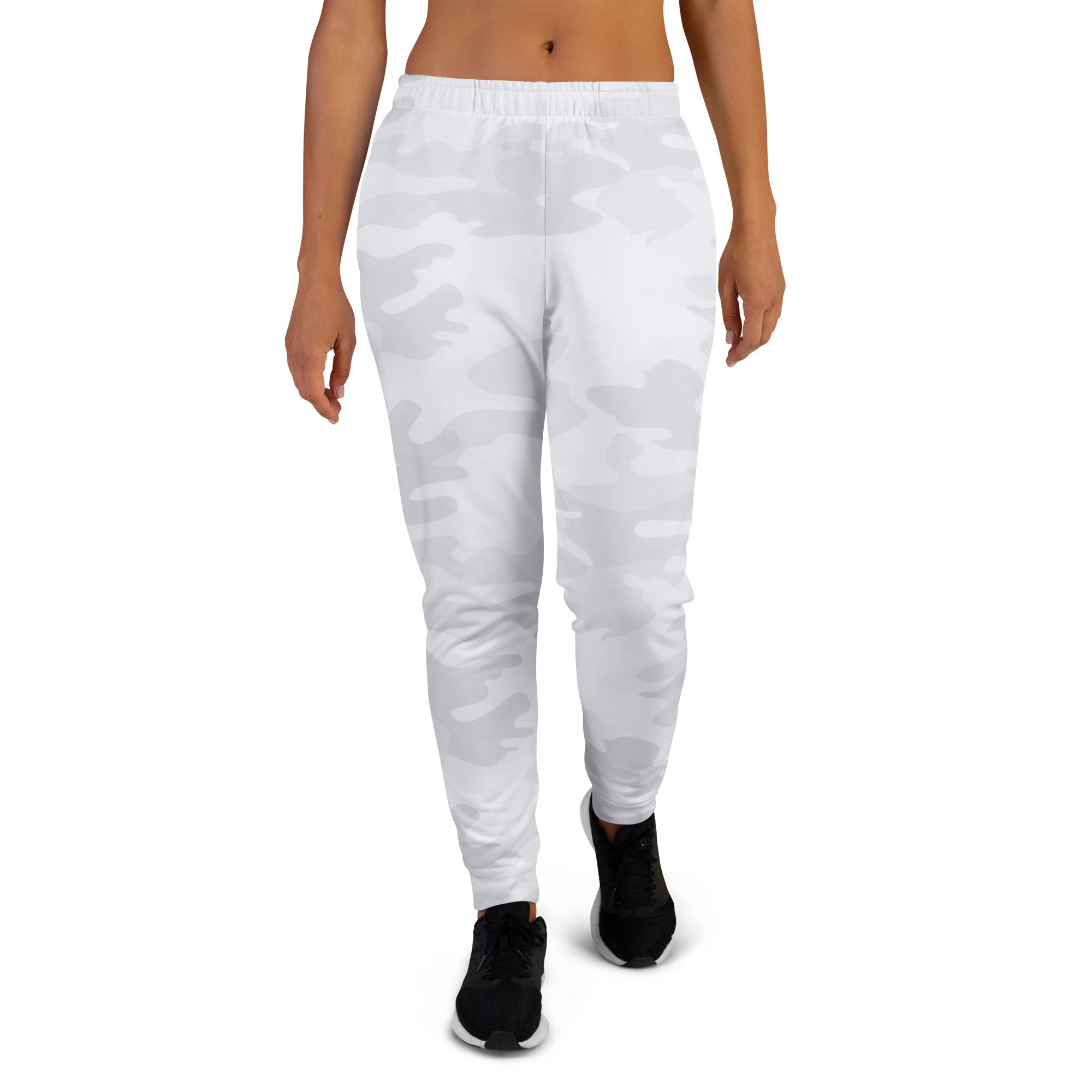 White camouflage joggers with soft stretchy fabric elastic waistband and cozy brushed inside fleece lining