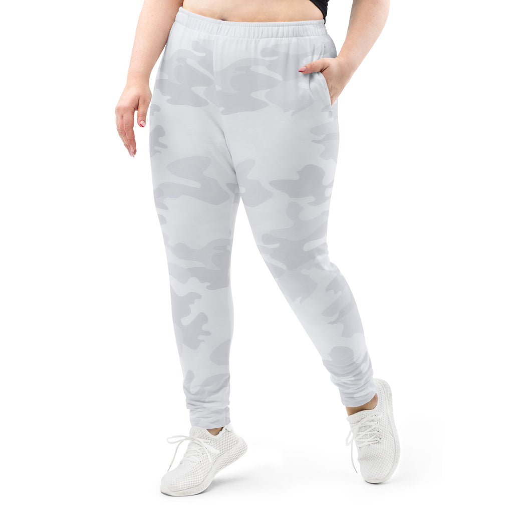 Women’s gray camouflage recycled jogger pants with soft stretchy fabric elastic waistband and cozy brushed inside fleece