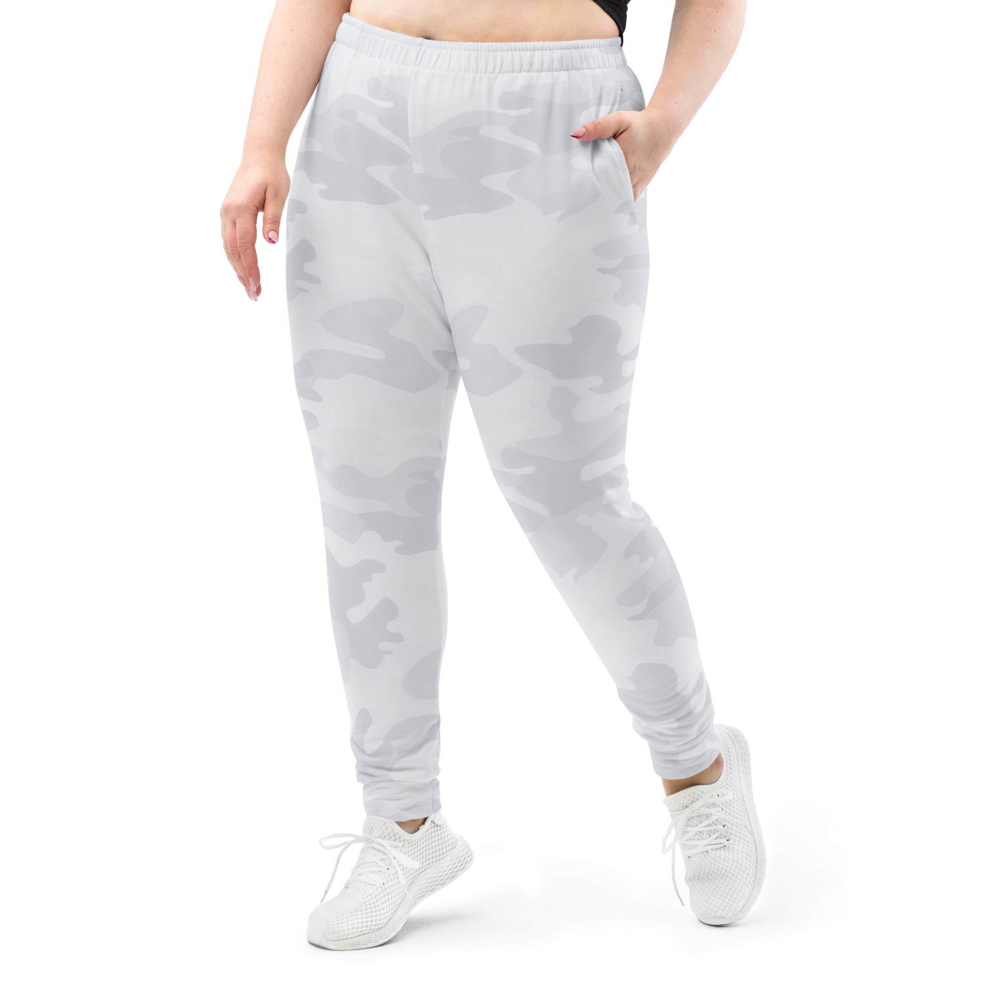 Women’s gray camouflage recycled jogger pants with soft stretchy fabric elastic waistband and cozy brushed inside fleece