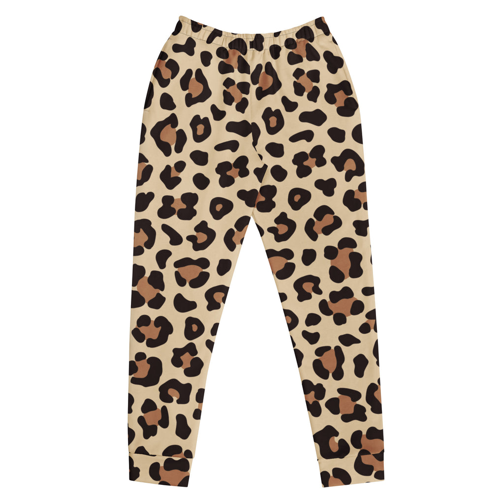 Beige leopard print recycled jogger pants with black and tan spots featuring cozy brushed inside fleece and pockets