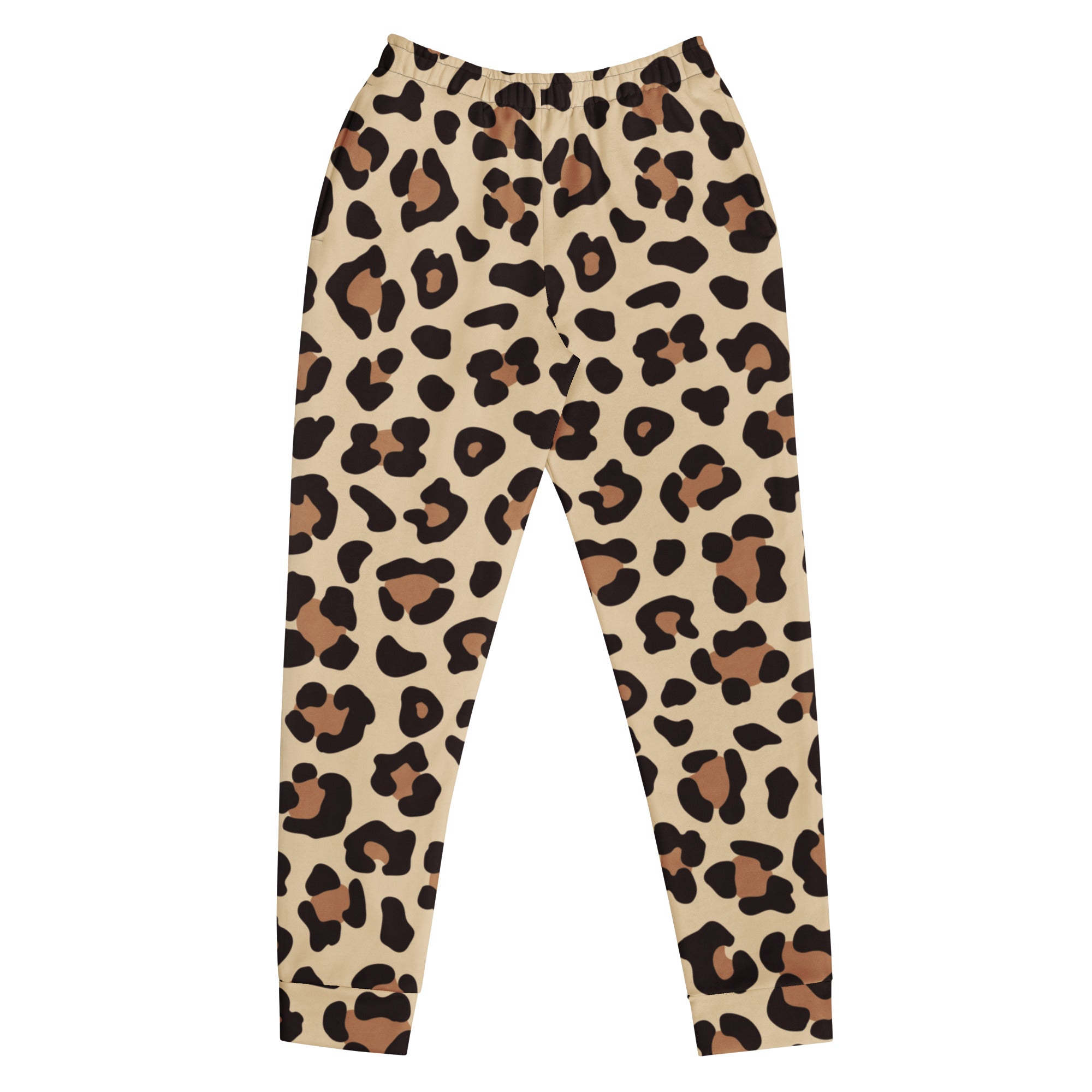 Beige leopard print recycled jogger pants with black and tan spots featuring cozy brushed inside fleece and pockets