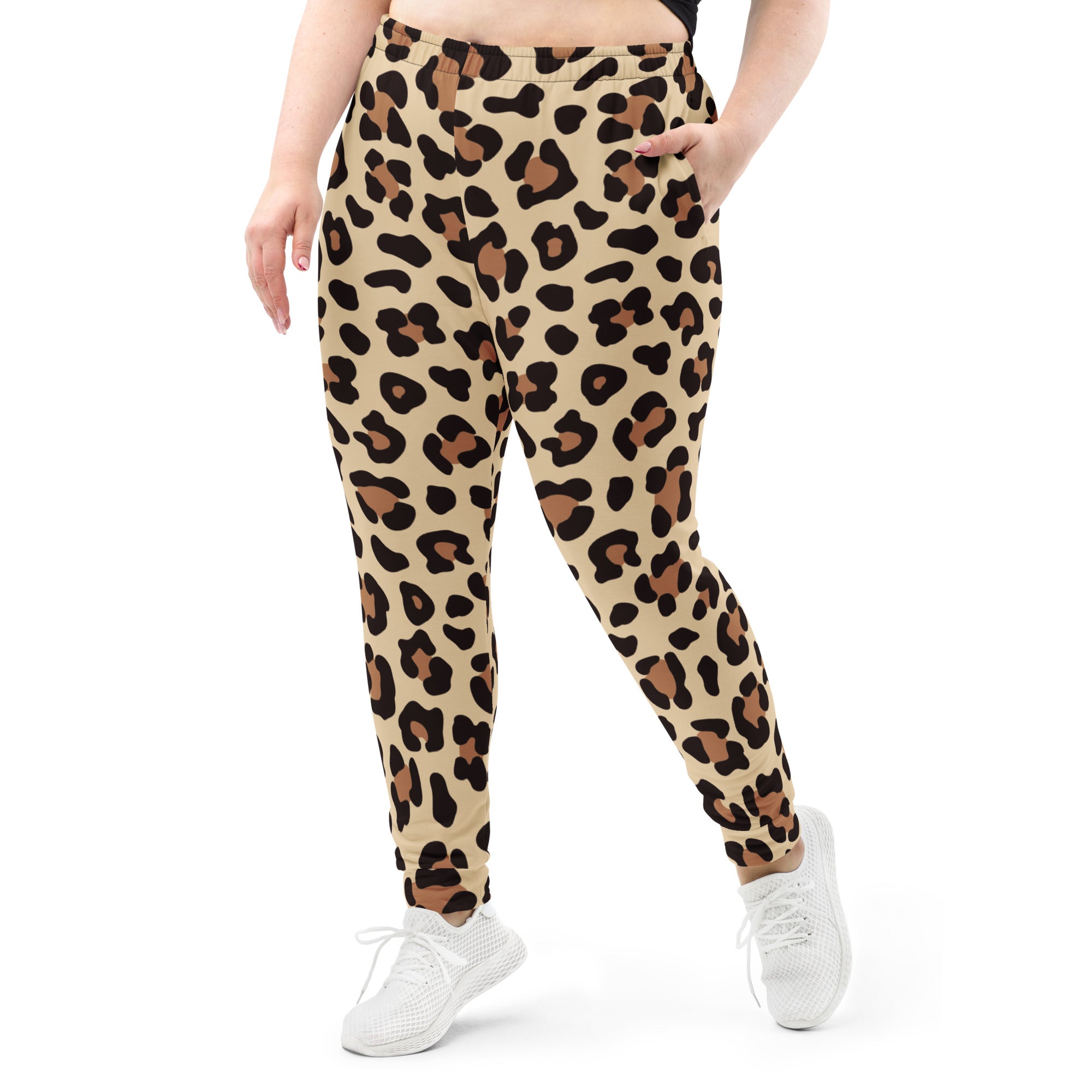 Beige women’s leopard print recycled jogger pants with black and brown spots cozy brushed fleece inside