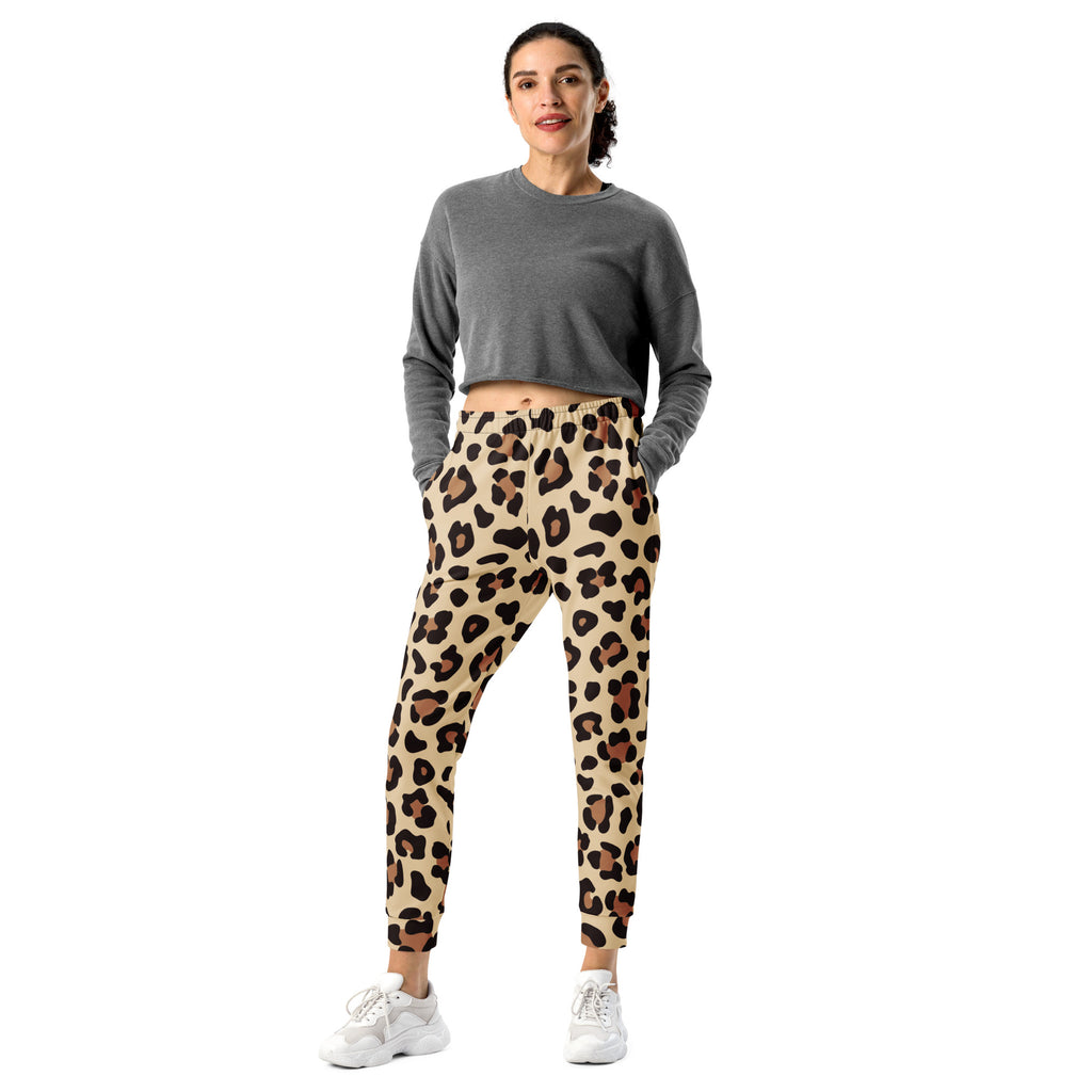 Women’s beige leopard print recycled jogger pants with elastic waistband tapered legs and cozy brushed fleece lining