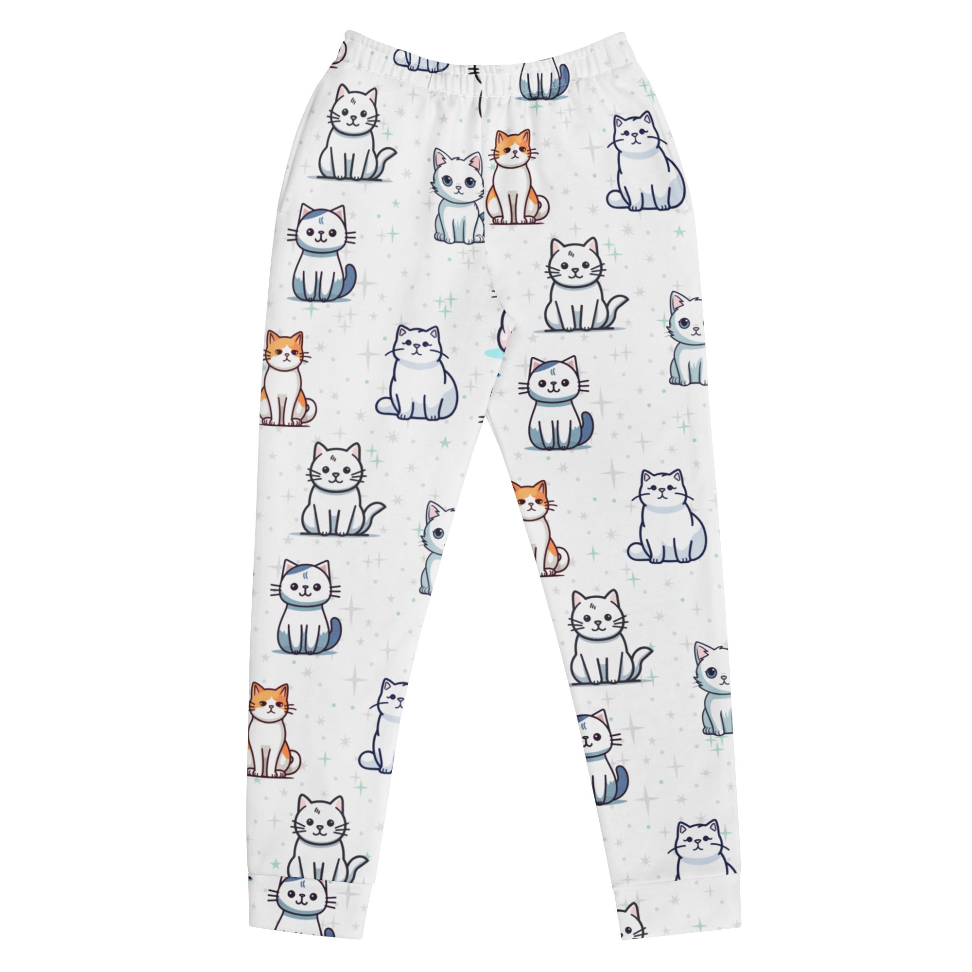 Women’s white pajama jogger pants with colorful cartoon cats cozy recycled fleece with pockets