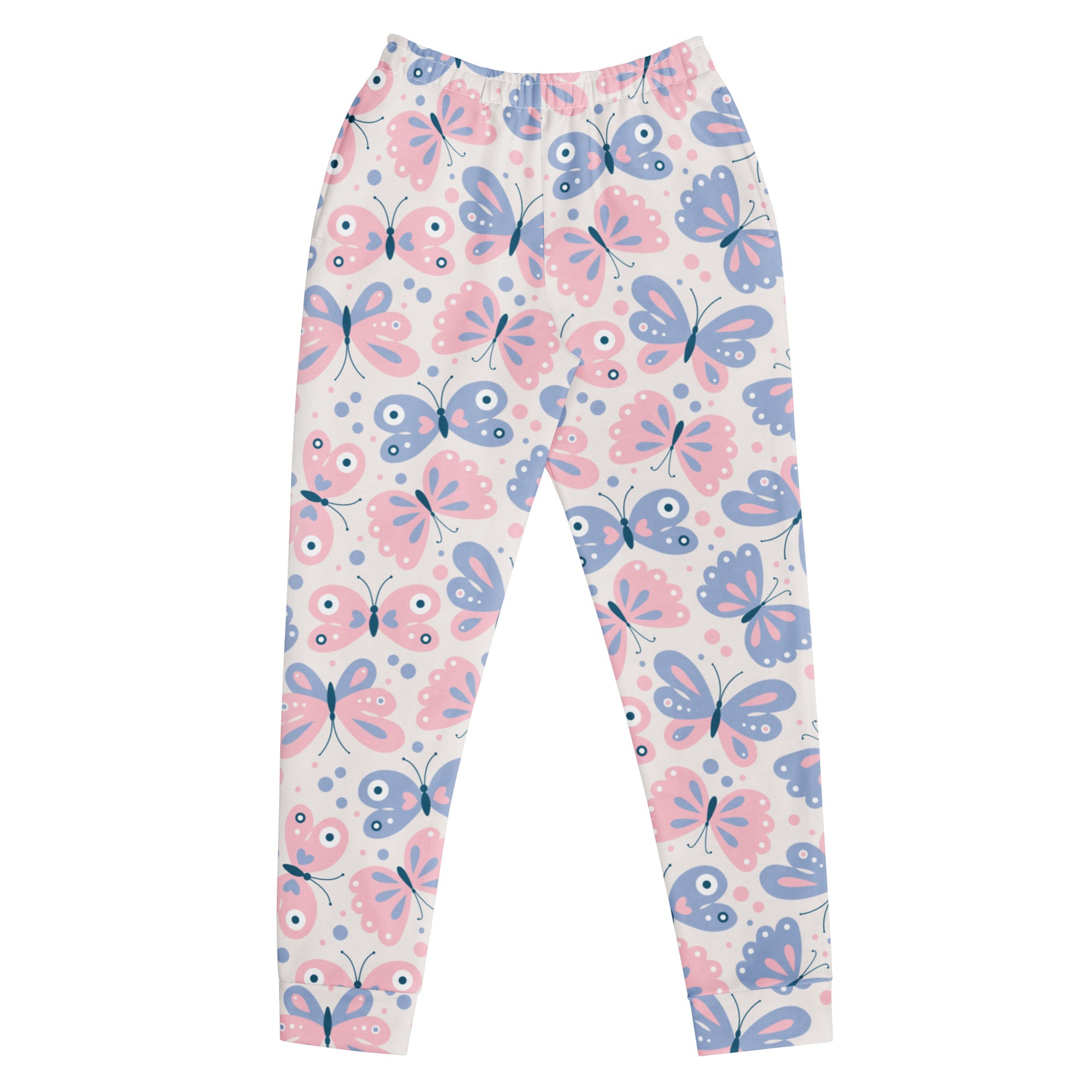 Women’s butterfly recycled jogger pants with pink and blue butterfly pattern soft stretchy fabric cozy fleece inside