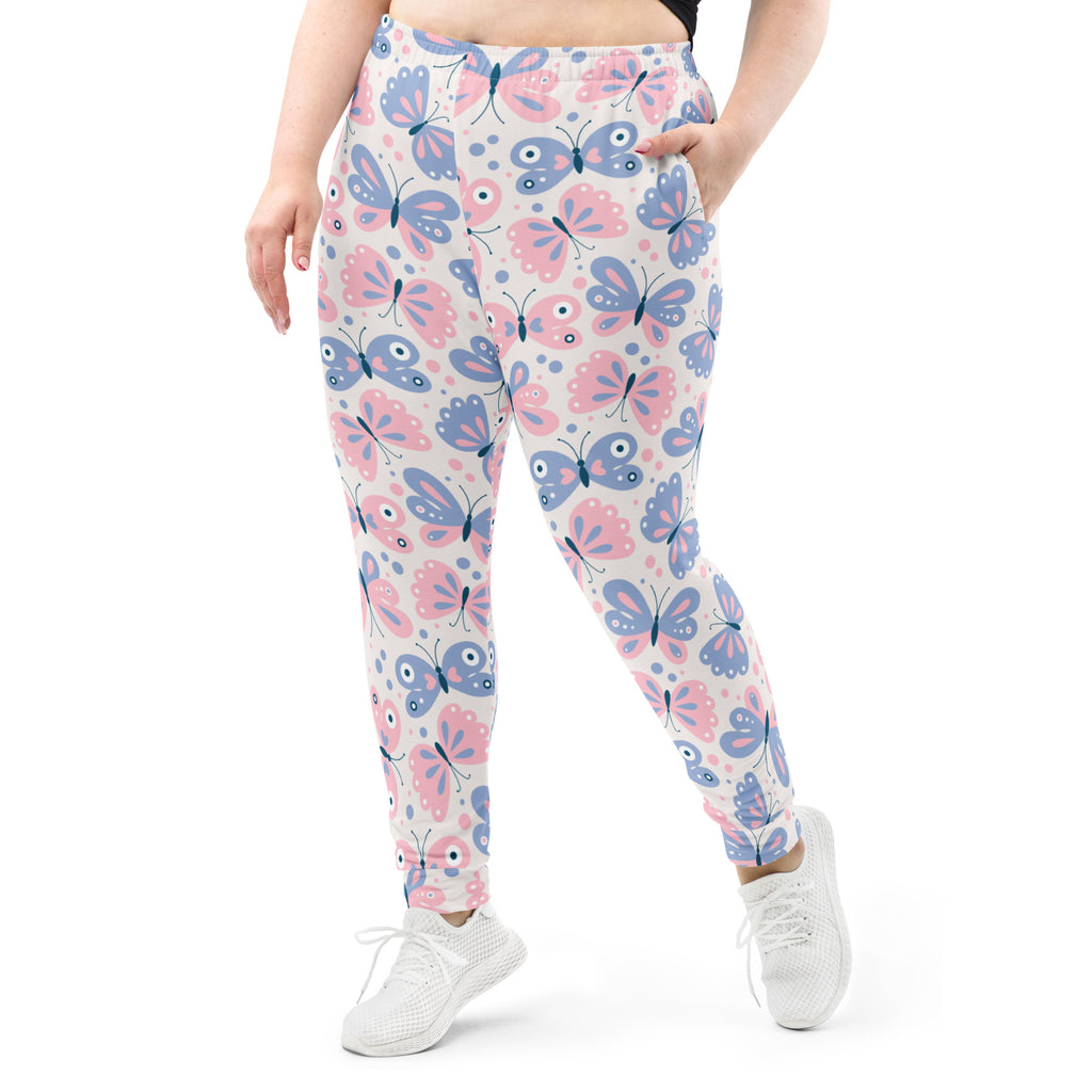 Women’s plus-size pink and blue butterfly recycled jogger pants with pockets cozy brushed fleece inside