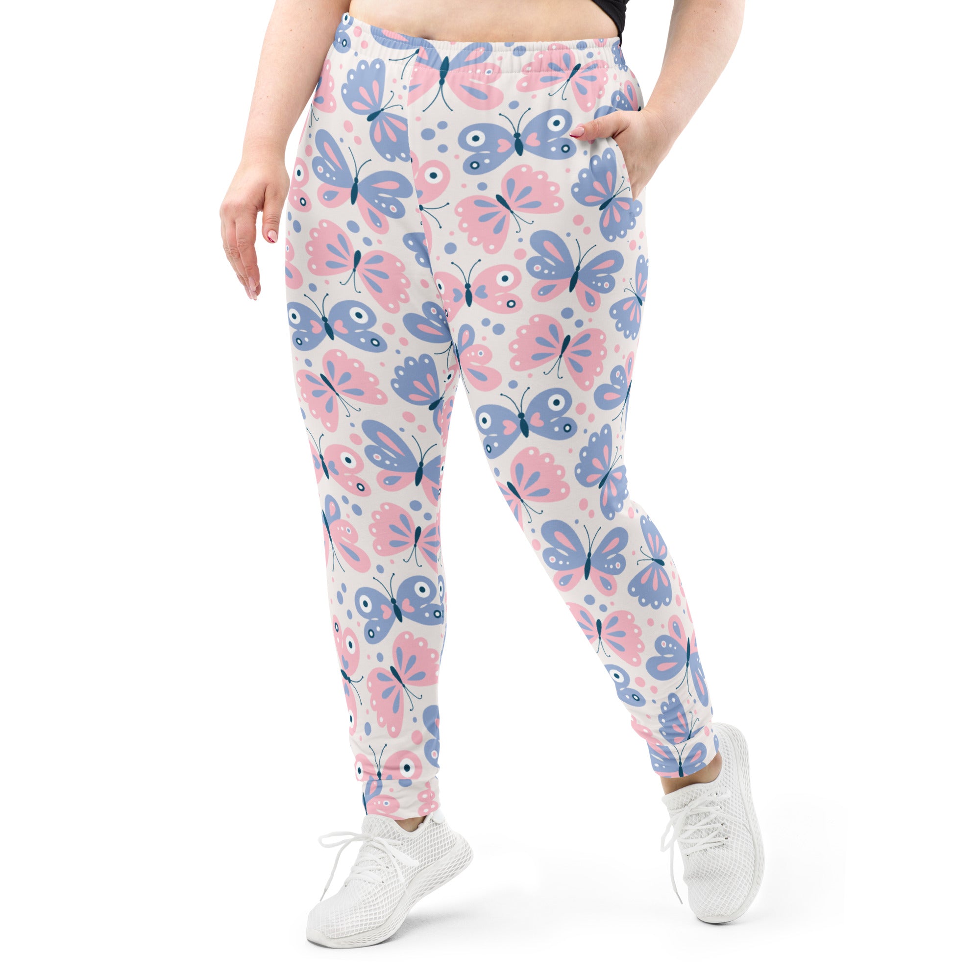 Women’s plus-size pink and blue butterfly recycled jogger pants with pockets cozy brushed fleece inside