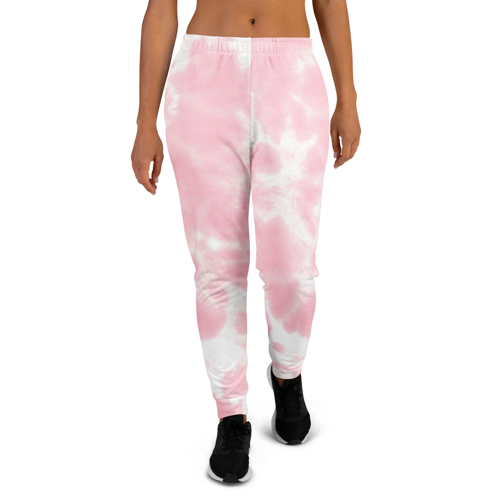 Women’s pink and white tie-dye recycled jogger pants with pockets featuring soft stretchy fabric and cozy brushed fleece lining