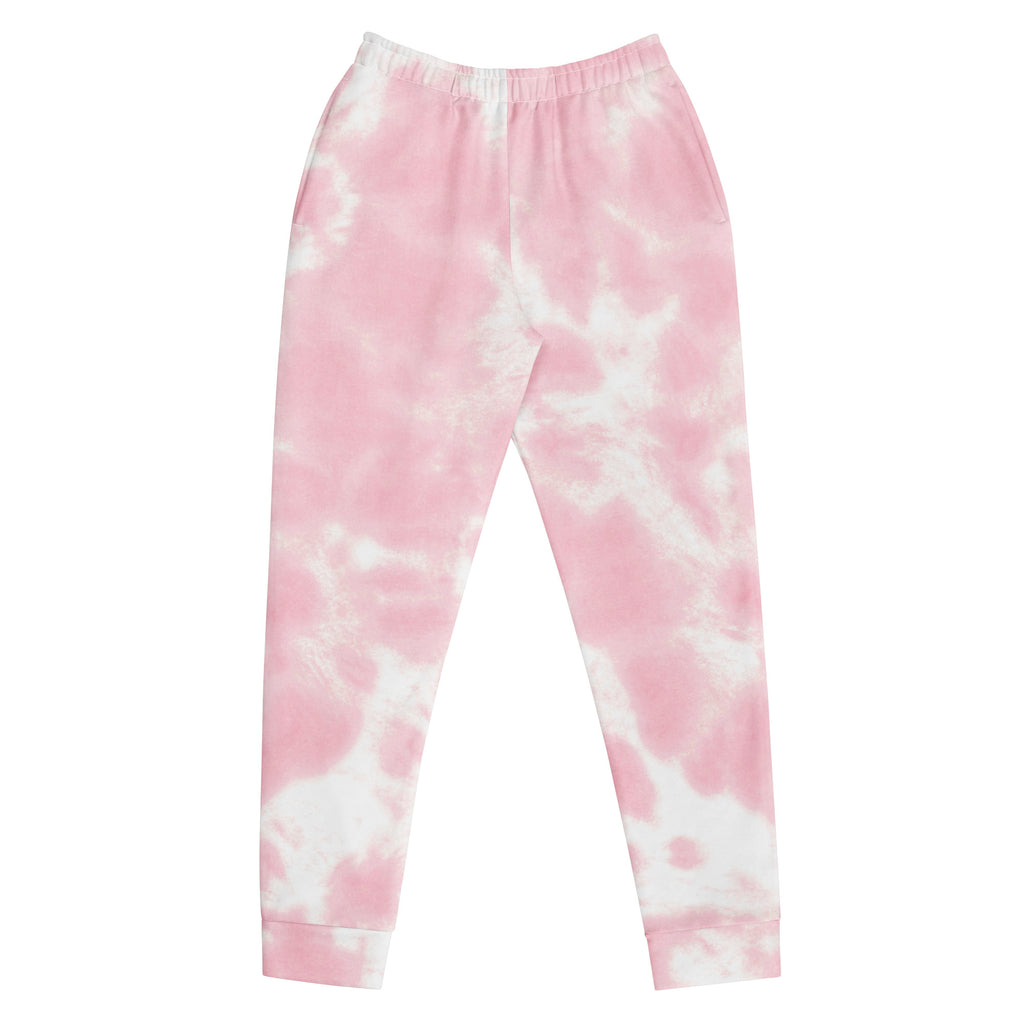 Women’s pink and white tie-dye jogger pants with elastic waistband cozy brushed inside fleece pockets