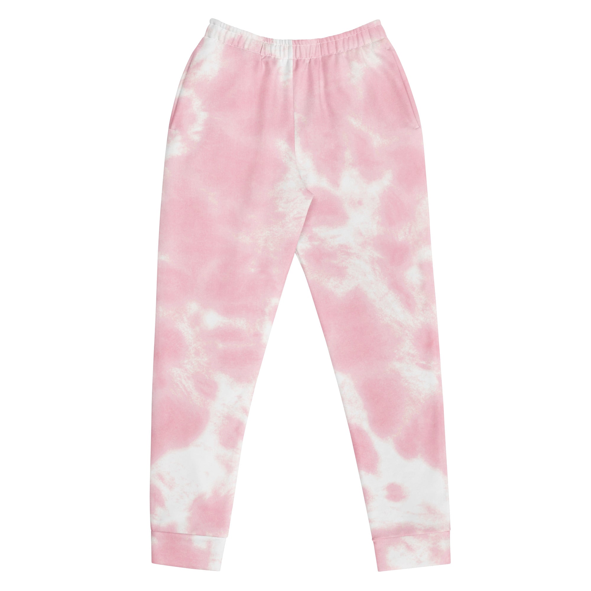 Women’s pink and white tie-dye jogger pants with elastic waistband cozy brushed inside fleece pockets