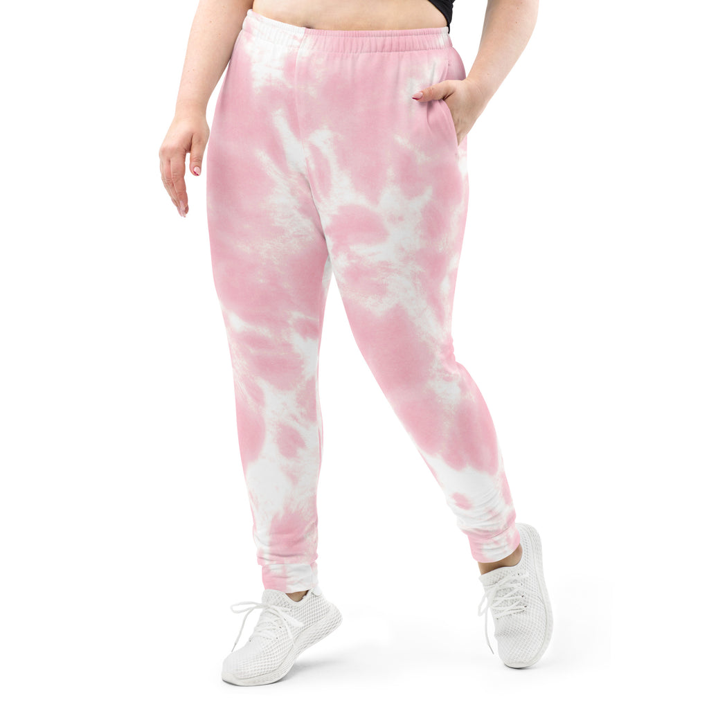 Women’s pink and white tie-dye jogger pants with pockets made from cozy brushed inside recycled fleece fabric