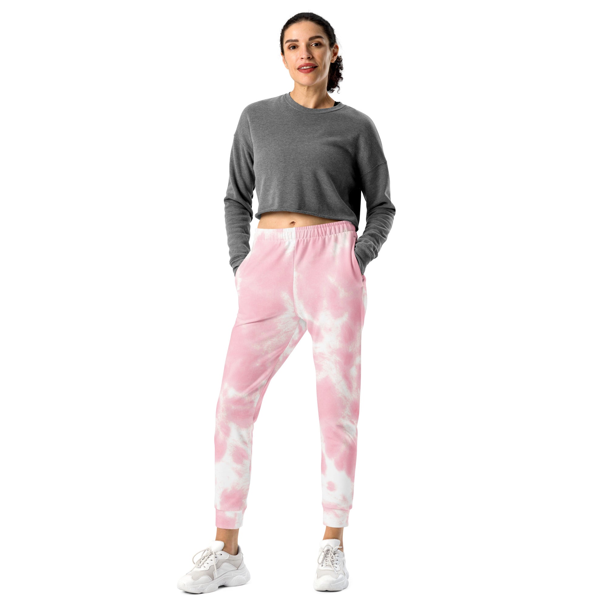Women’s pink and white tie-dye recycled jogger pants with elastic waistband ribbed cuffs and cozy fleece lining