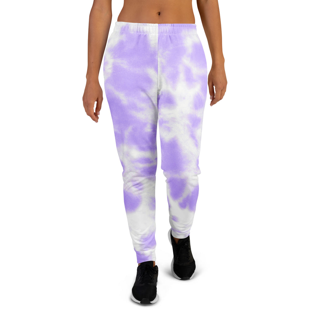 Women’s purple and white tie-dye recycled jogger pants with cozy brushed fleece inside and pockets