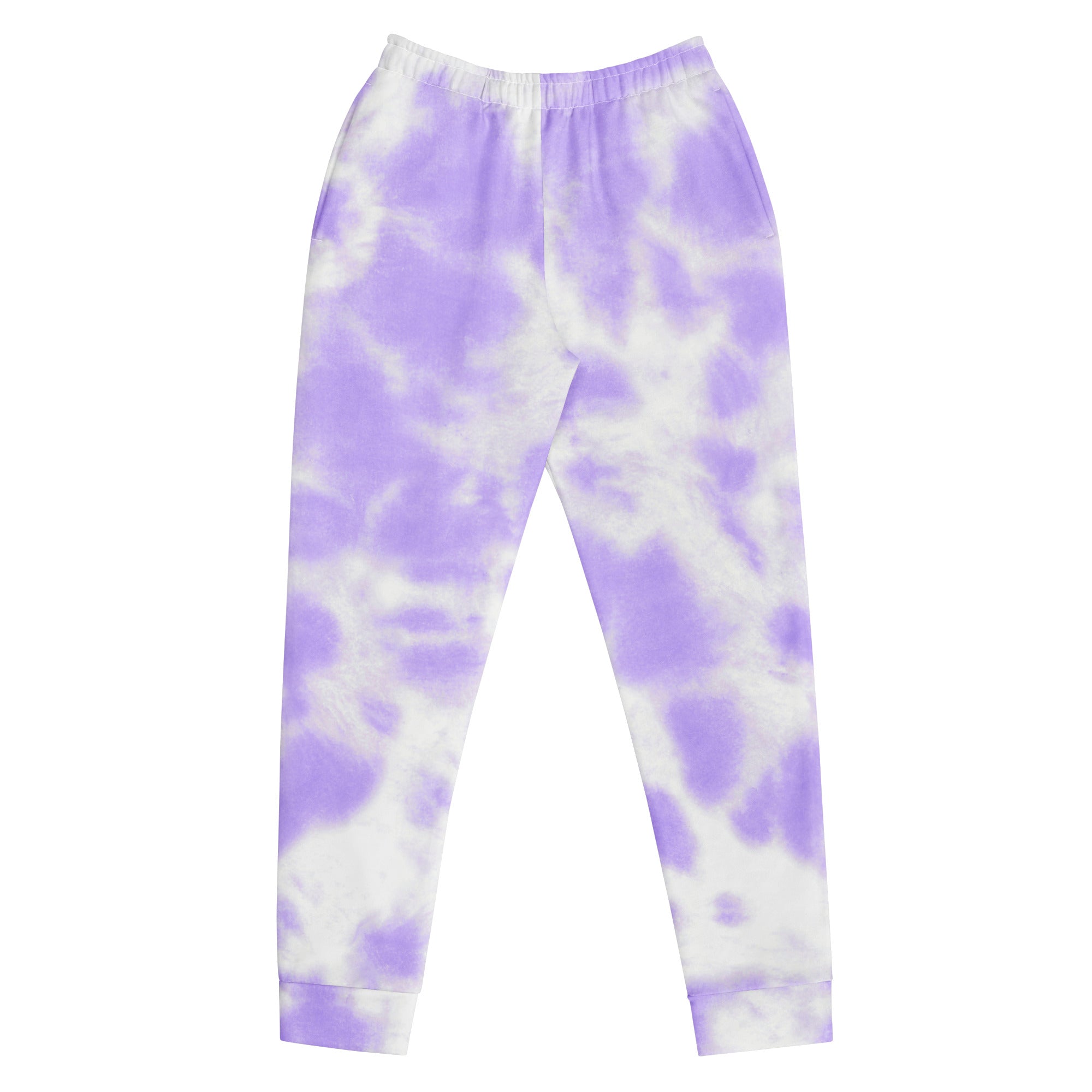 Women’s purple and white tie-dye recycled jogger pants with elastic waistband cozy brushed inside fleece