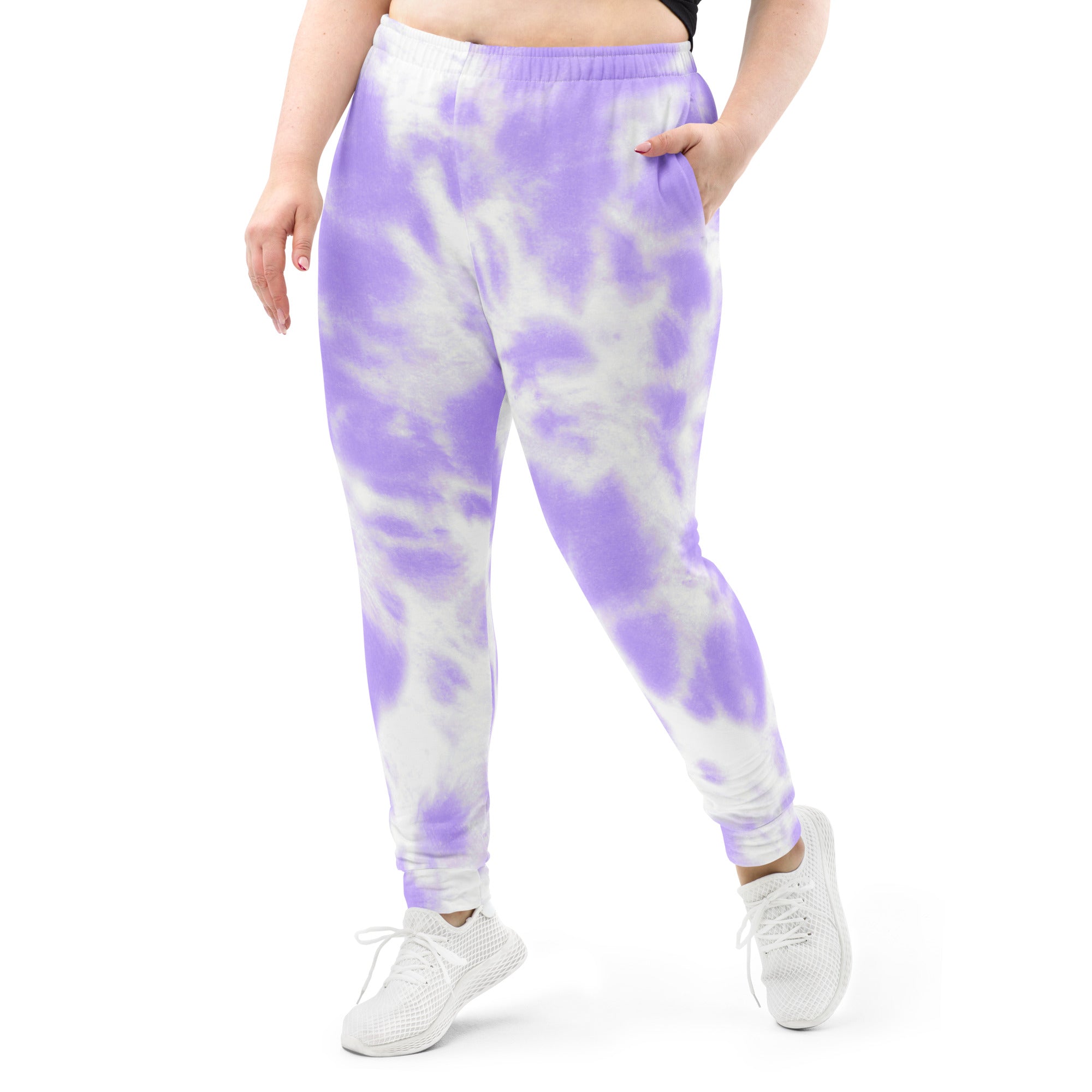 Women’s purple and white tie-dye recycled jogger pants with soft stretchy fabric and cozy brushed fleece inside