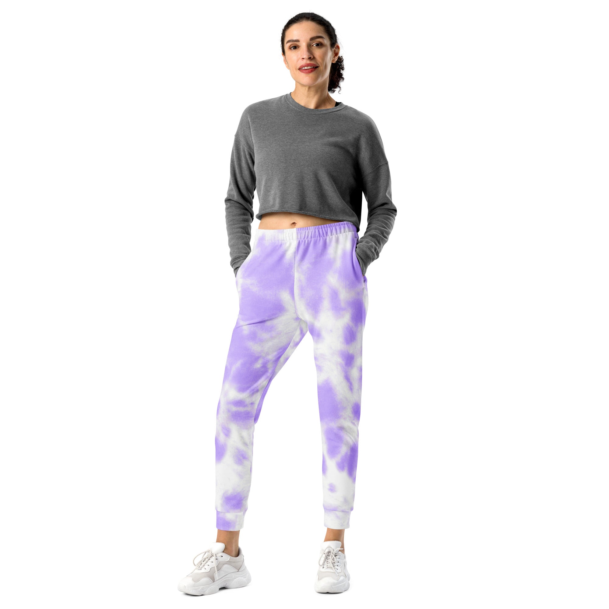 Women’s purple and white tie-dye recycled jogger pants with elastic waistband ribbed cuffs and cozy fleece lining