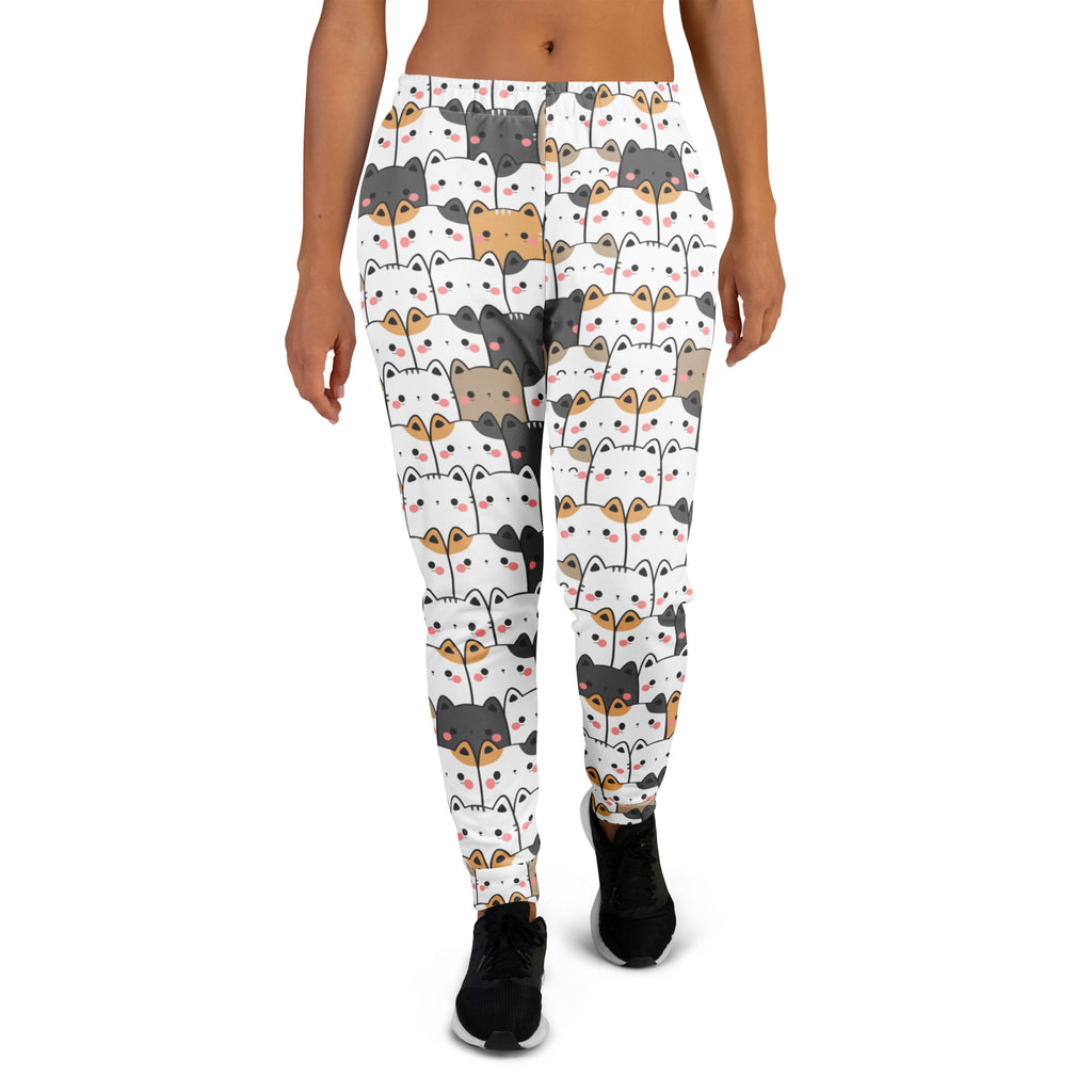 Women’s white recycled jogger pants with playful multicolor kawaii cat pattern and cozy brushed inside fleece lining