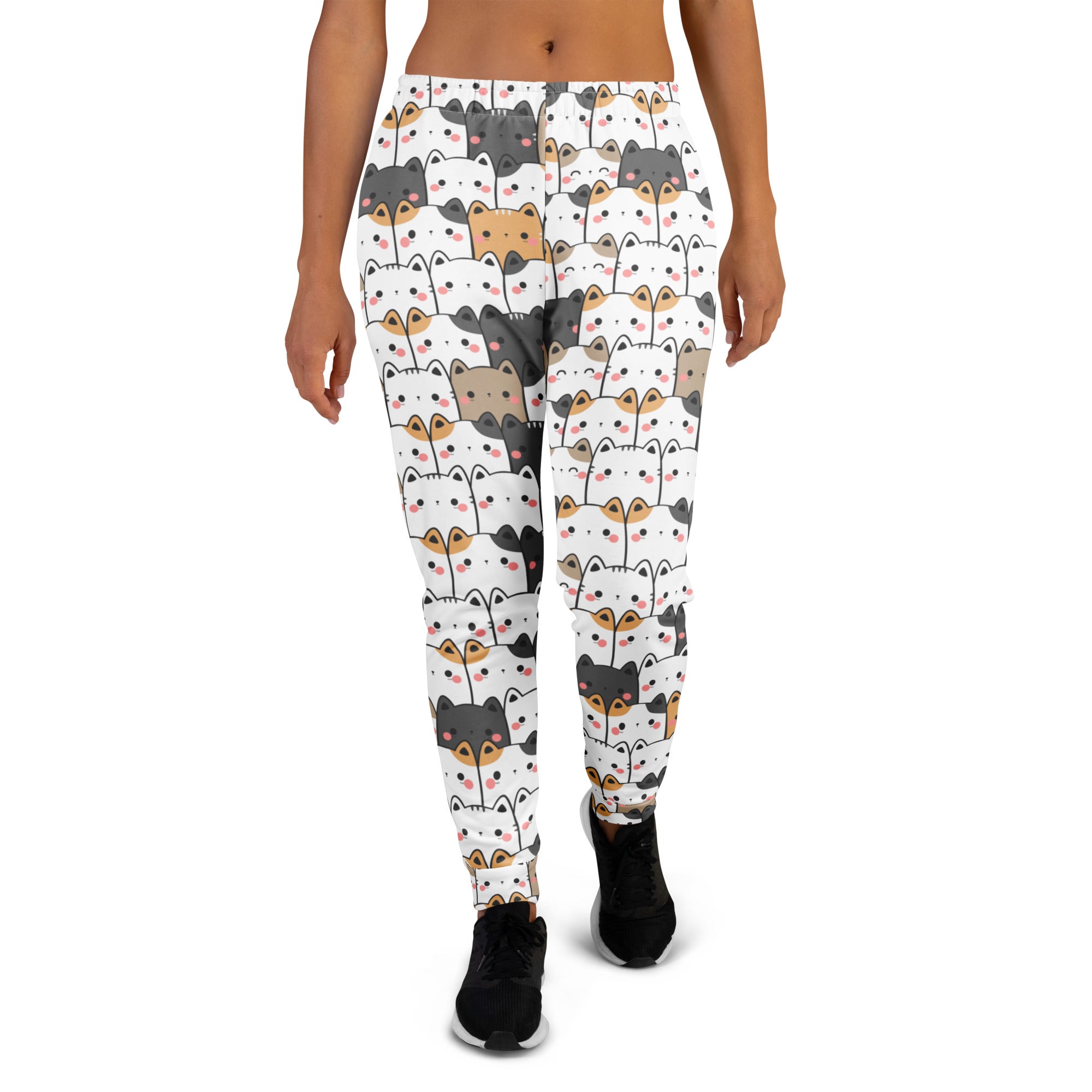Women’s white recycled jogger pants with playful multicolor kawaii cat pattern and cozy brushed inside fleece lining