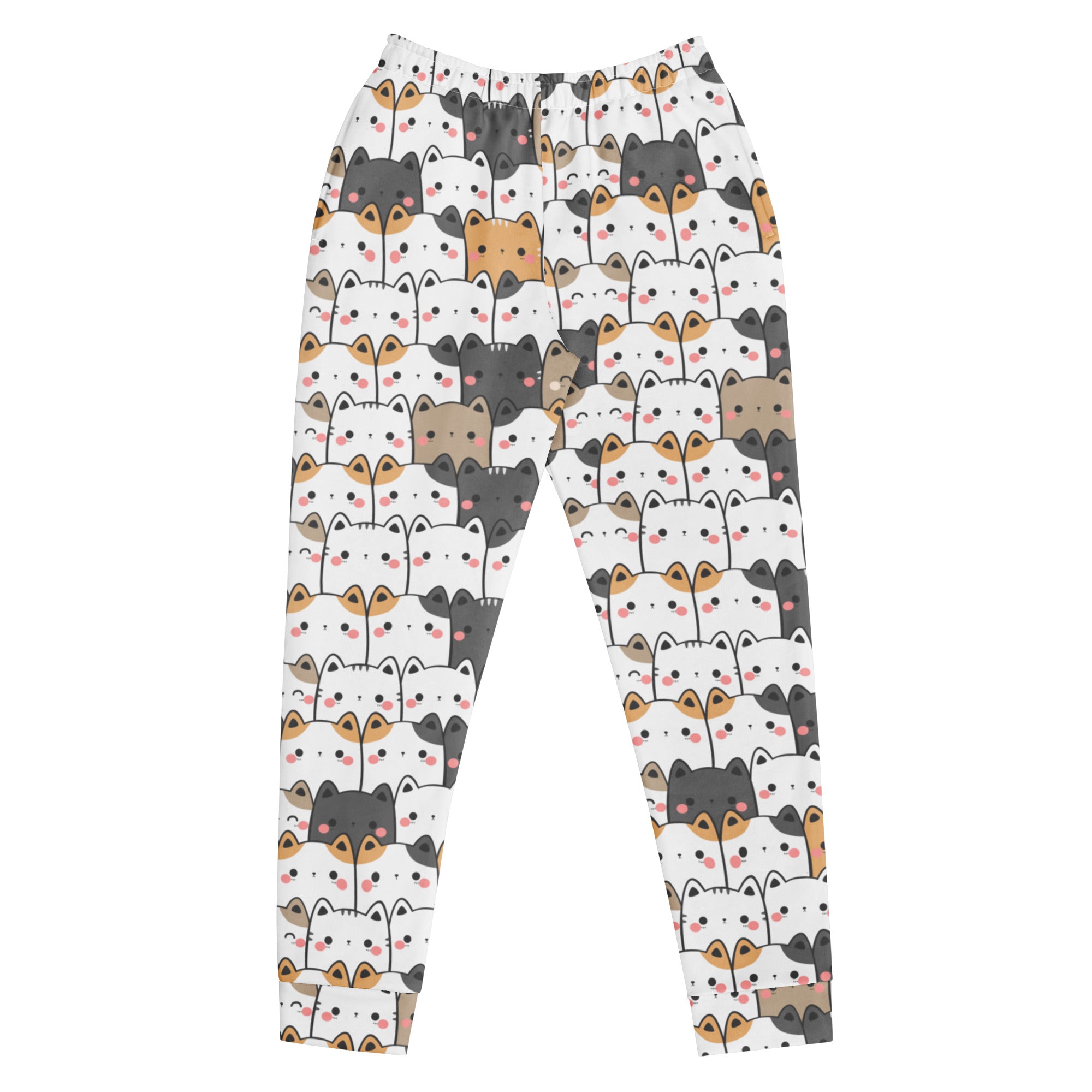 White womens kawaii cat recycled jogger pants with colorful cartoon cats cozy brushed fleece lining