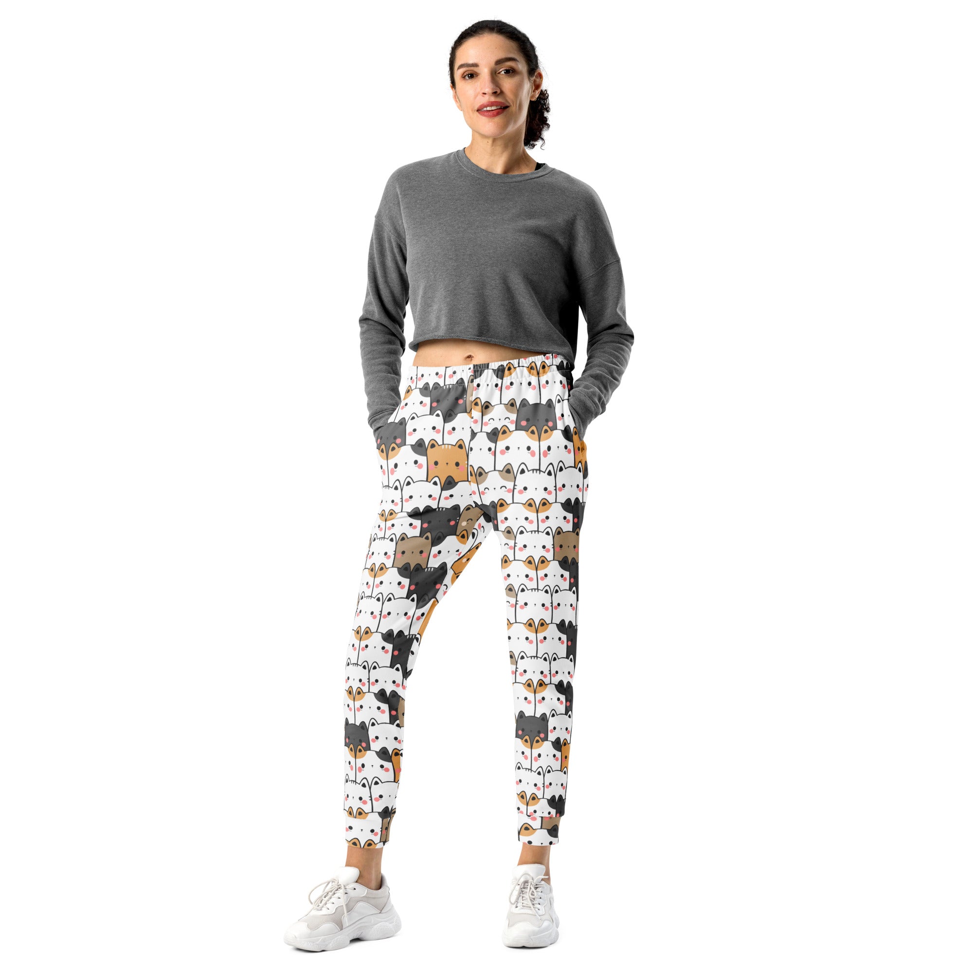 Women’s gray cropped sweatshirt paired with white kawaii cat recycled jogger pants with cozy brushed fleece lining