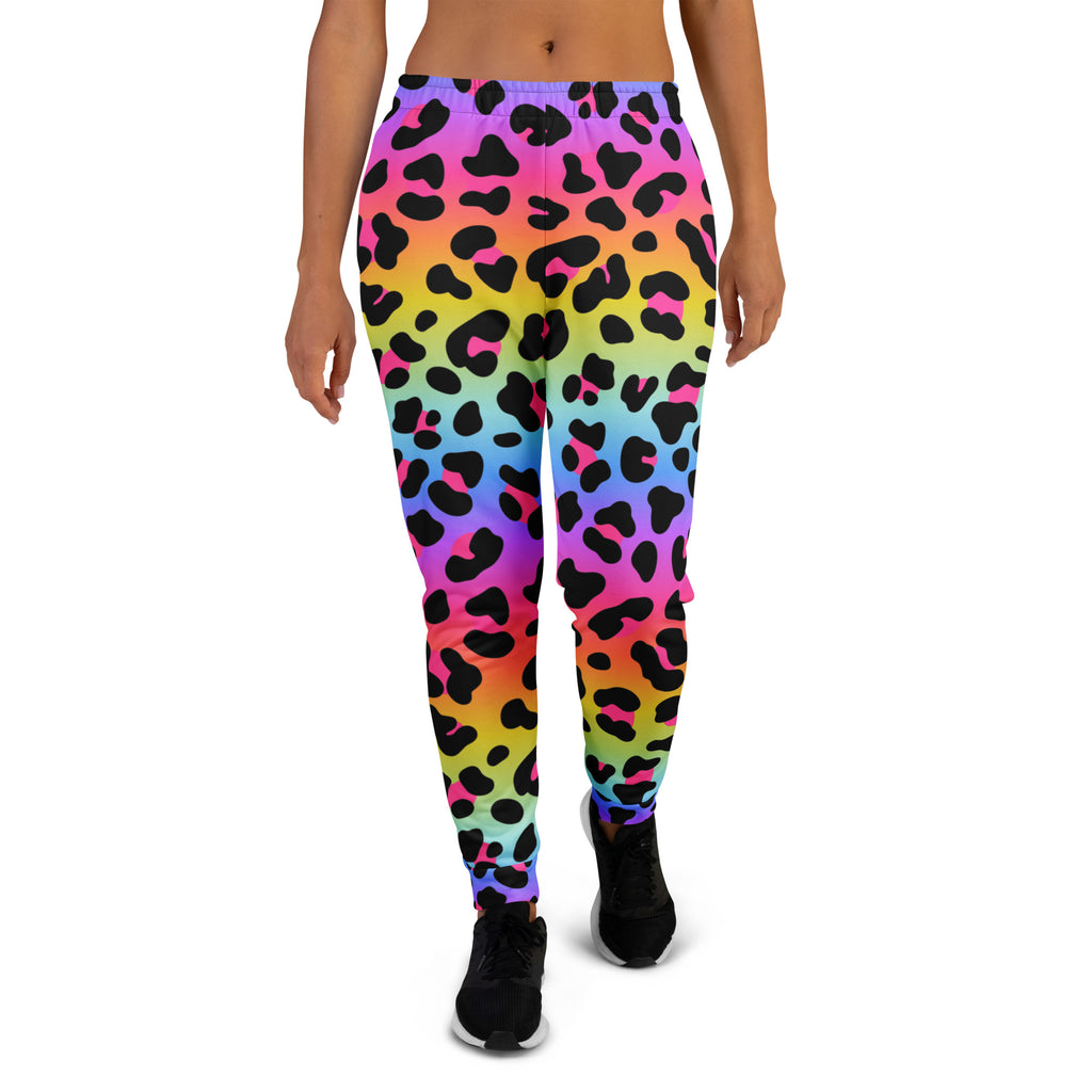 Women’s rainbow gradient leopard print recycled jogger pants with cozy brushed inside fleece and pockets