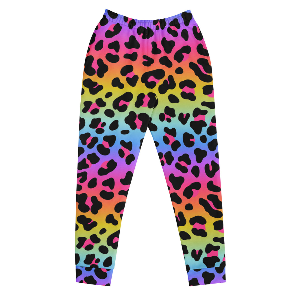 Women’s rainbow leopard print recycled jogger pants with elastic waistband cuffed ankles and cozy brushed fleece lining