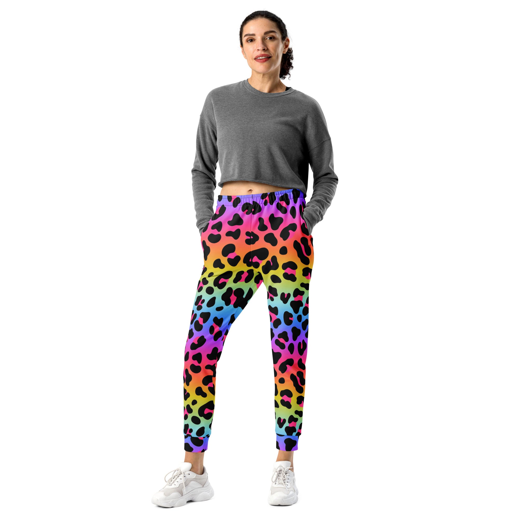 Women’s rainbow leopard recycled jogger pants with black spots elastic waistband cozy brushed fleece lining