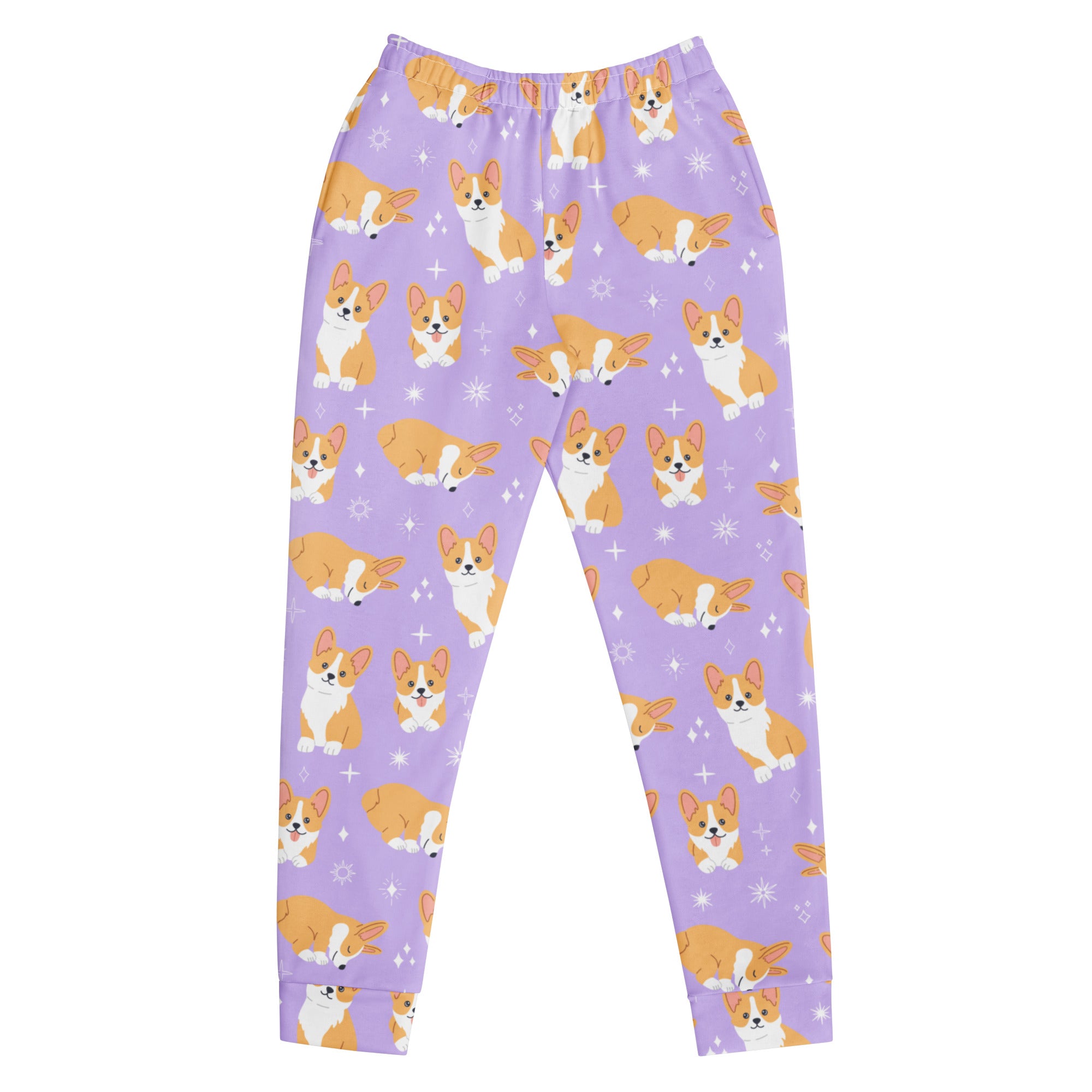 Women’s purple corgi dog recycled jogger pants with pockets featuring playful orange and white corgis and fleece lining