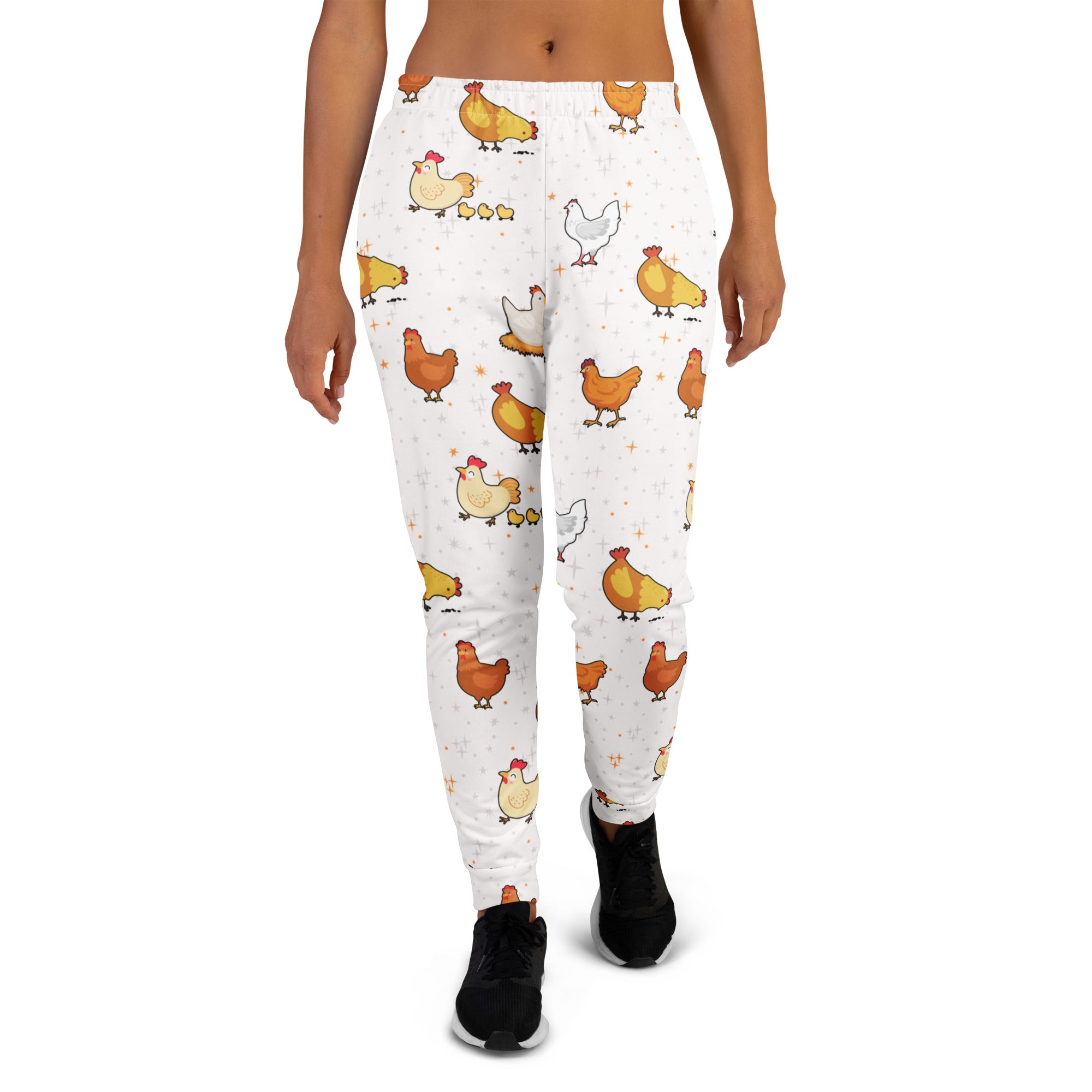 White leggings with colorful cartoon chicken pattern made from cozy recycled fleece jogger pants with pockets