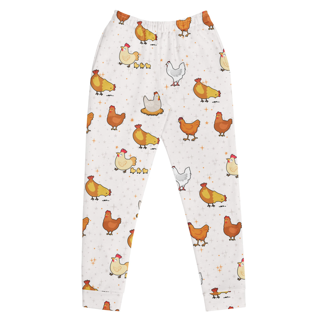 Women’s white pajama jogger pants with colorful cartoon chickens cozy brushed inside fleece and pockets