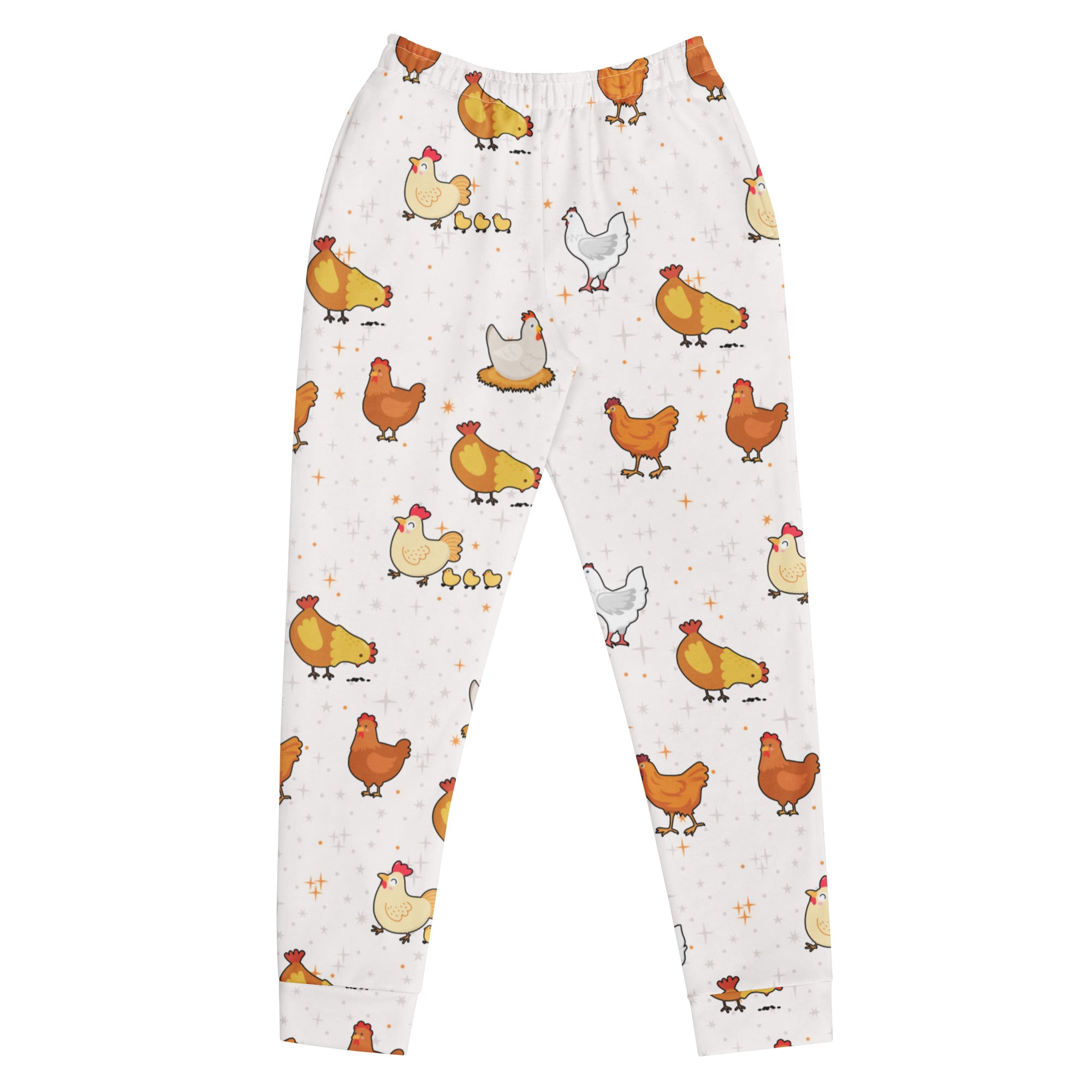 Women’s white pajama jogger pants with colorful cartoon chickens cozy brushed inside fleece and pockets