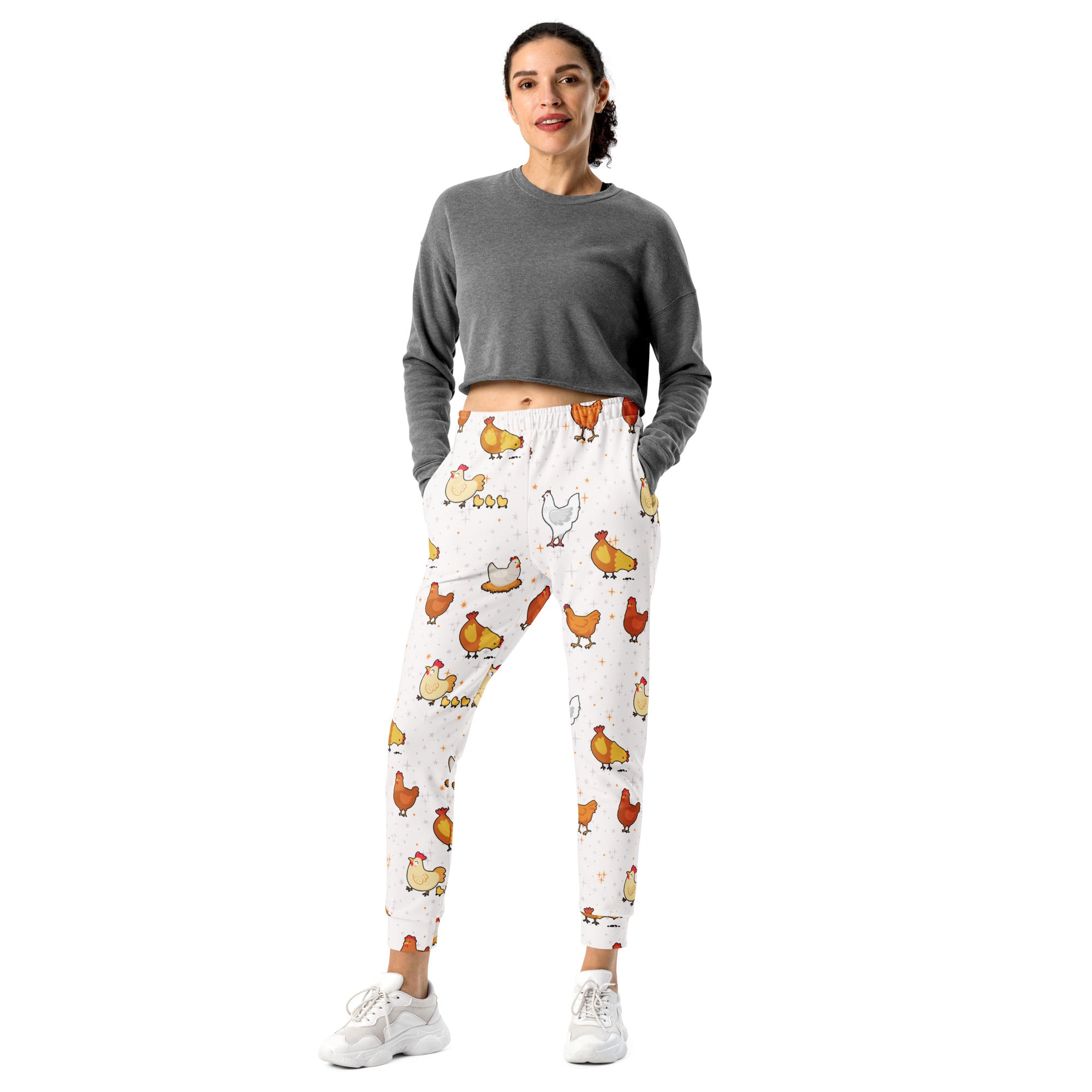Women’s white recycled jogger pants with colorful cartoon chicken pattern cozy brushed fleece inside and pockets