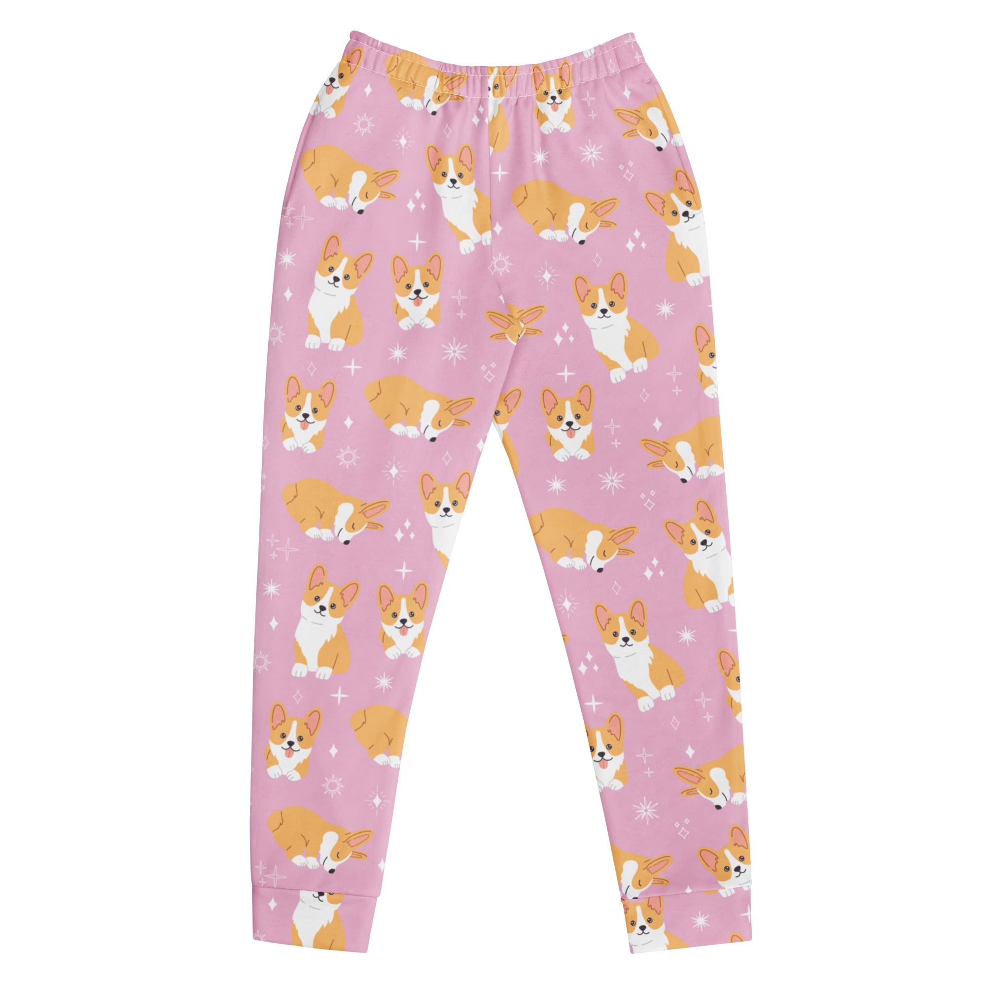 Women’s pink recycled jogger pants with cozy fleece inside featuring orange and white corgi pattern with star accents