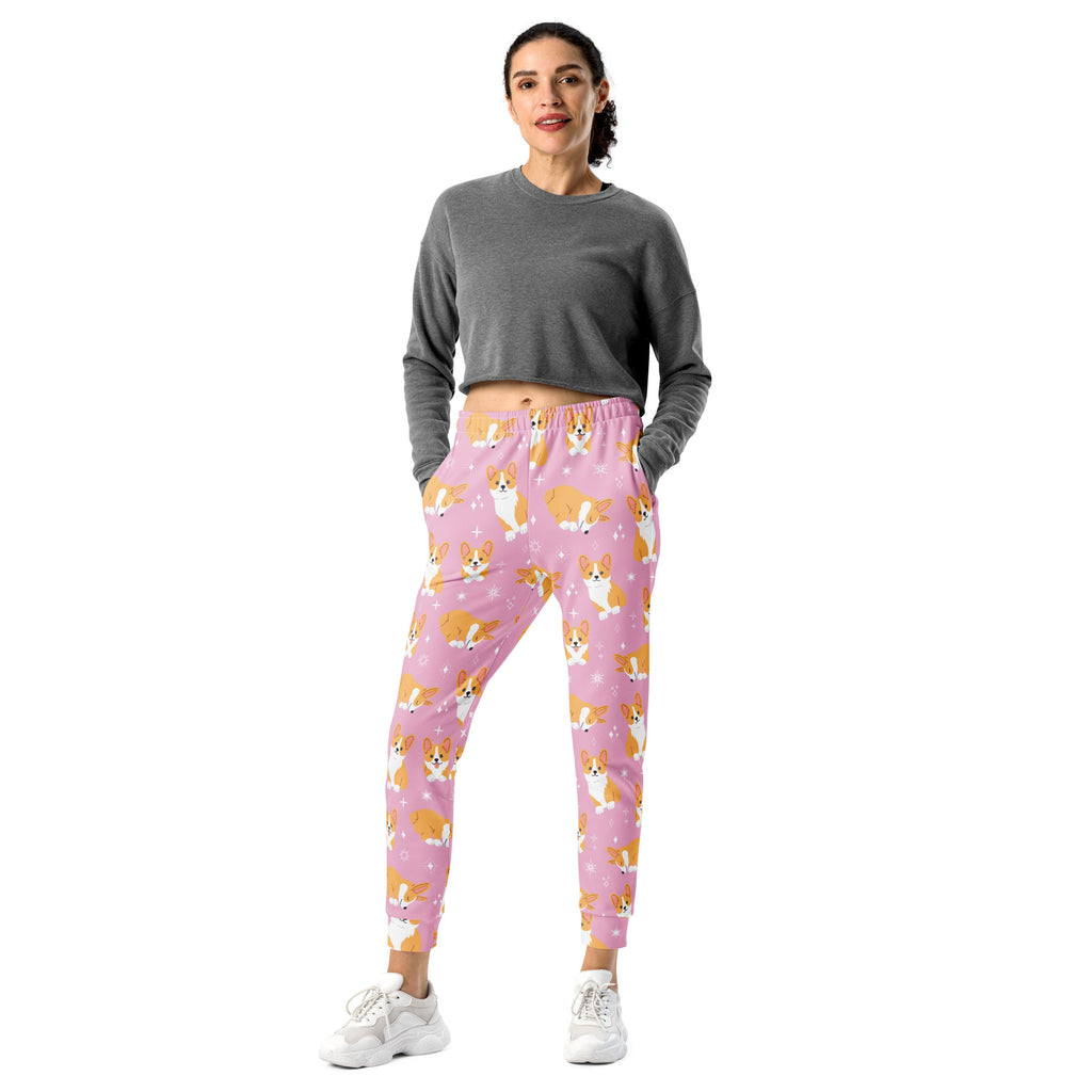 Women’s pink corgi dog recycled jogger pants with soft stretchy fabric elastic waistband and cozy brushed fleece lining