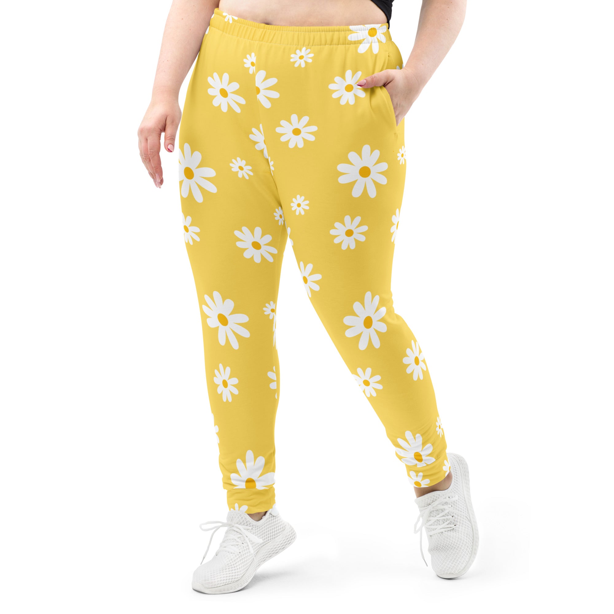 Women’s Yellow Daisy Recycled Jogger Pants With Pockets – Cozy Brushed Inside Fleece