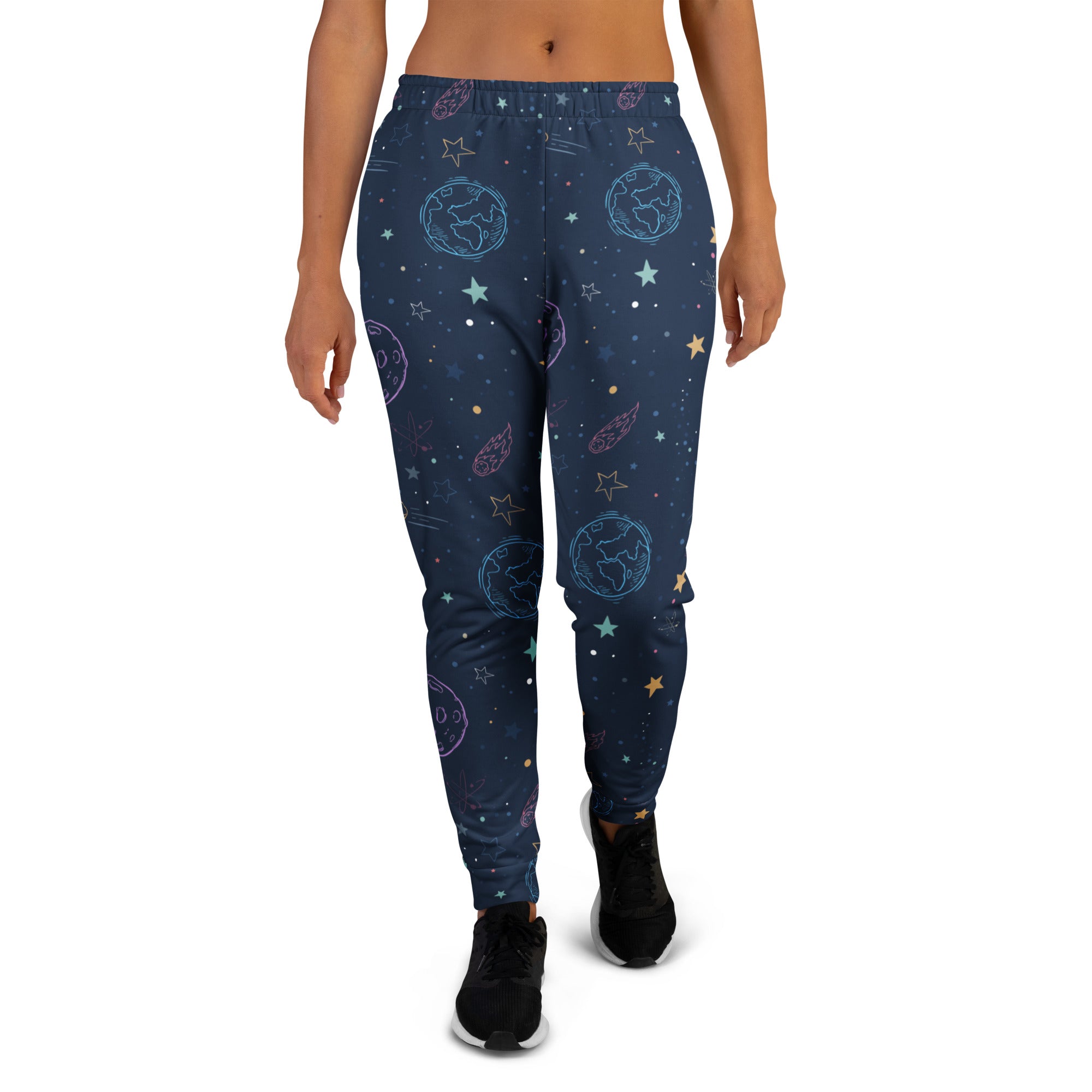 Dark blue women’s jogger pants with colorful cosmic design, recycled fabric, cozy brushed fleece, and pockets