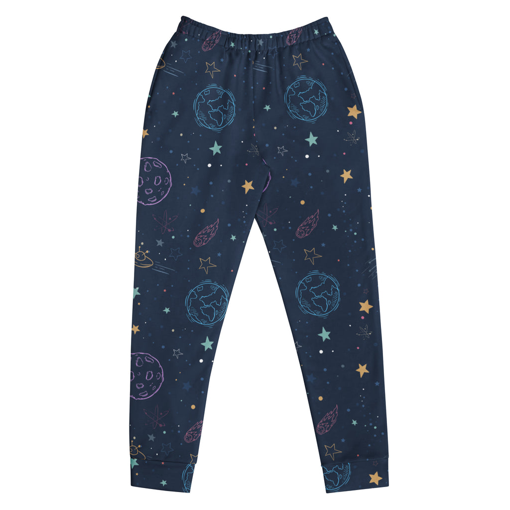 Dark blue women’s galaxy space recycled jogger pants with pastel planet print and cozy brushed fleece inside pockets